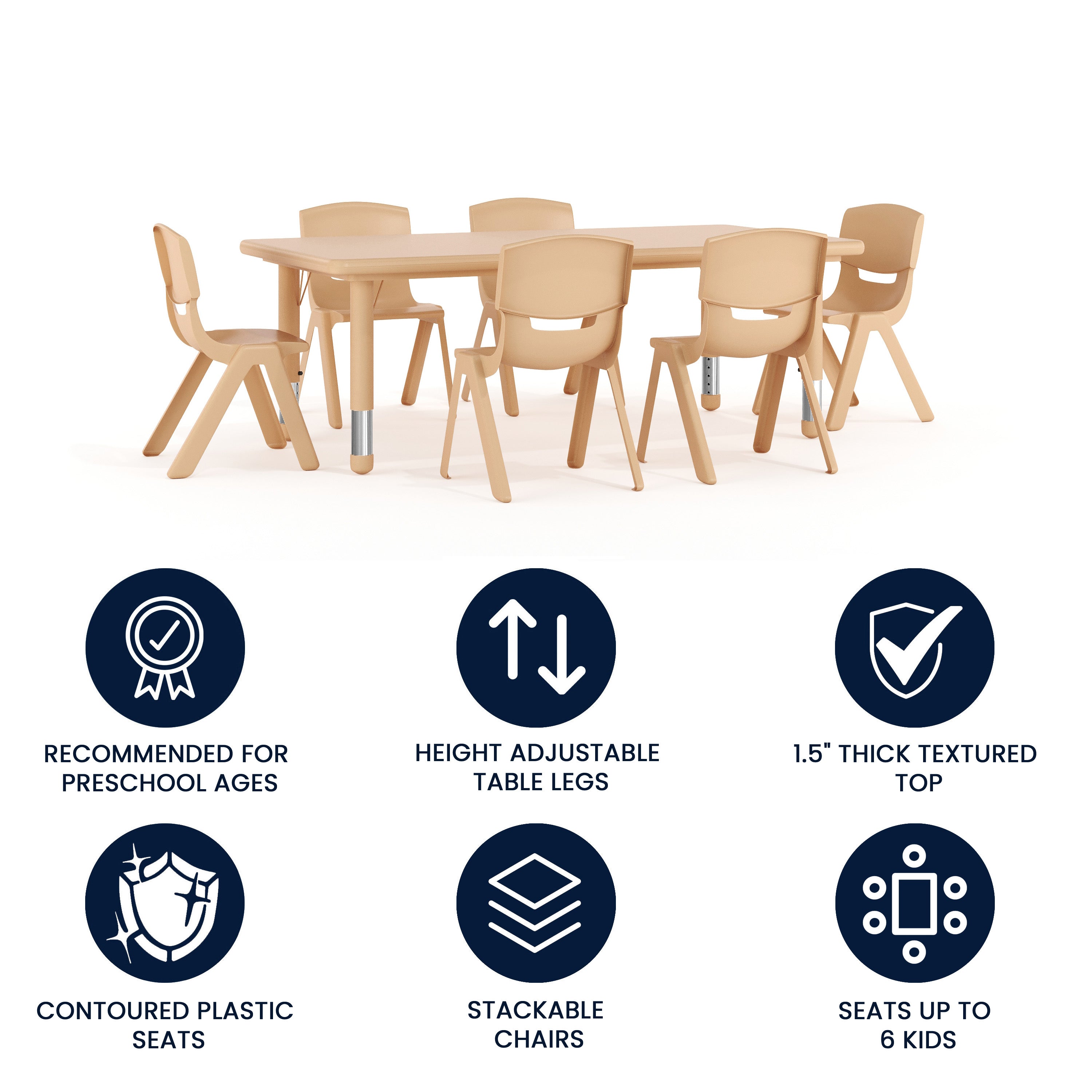 Emmy 24"W x 48"L Rectangular Natural Plastic Height Adjustable Activity Table Set with 6 Chairs