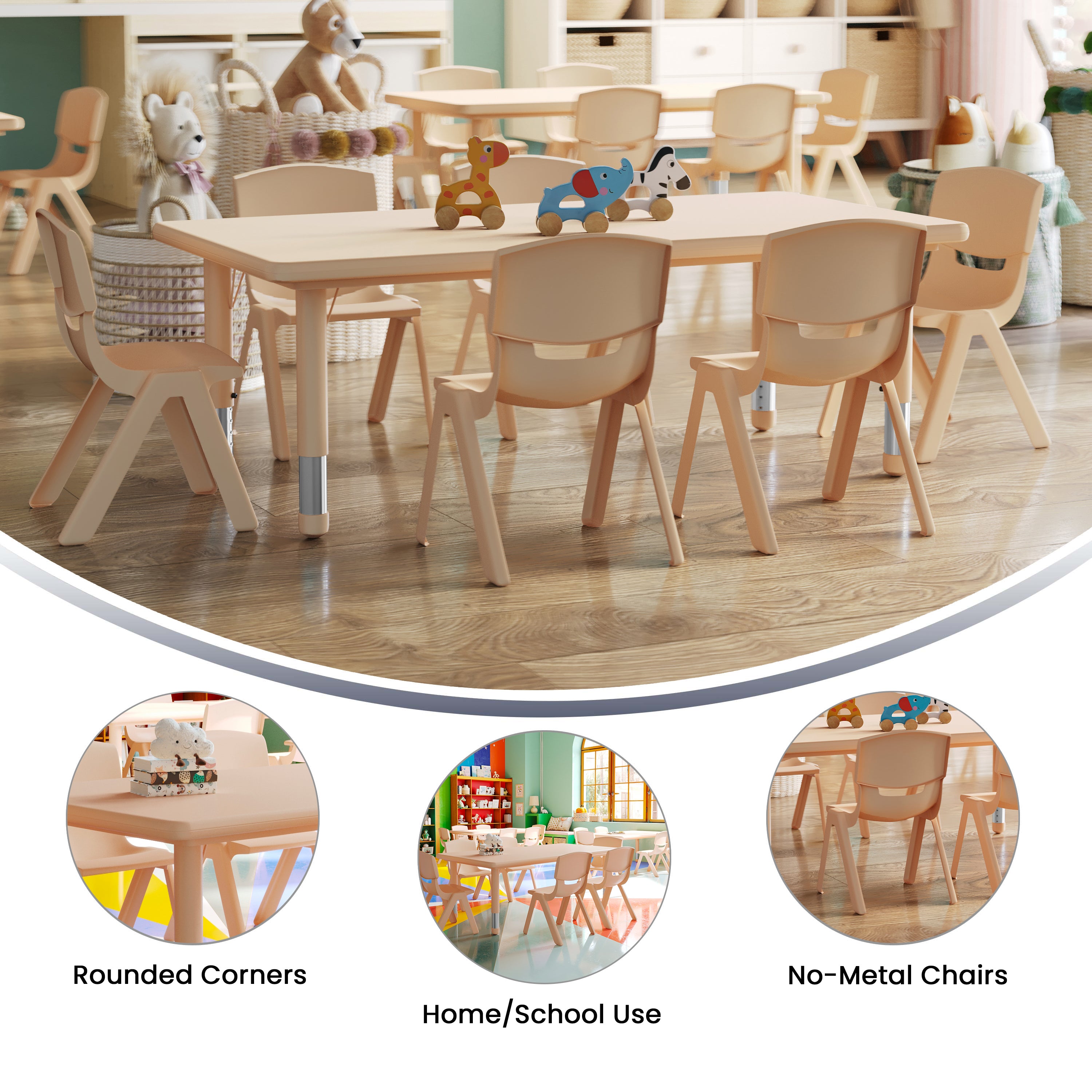 Emmy 24"W x 48"L Rectangular Natural Plastic Height Adjustable Activity Table Set with 6 Chairs