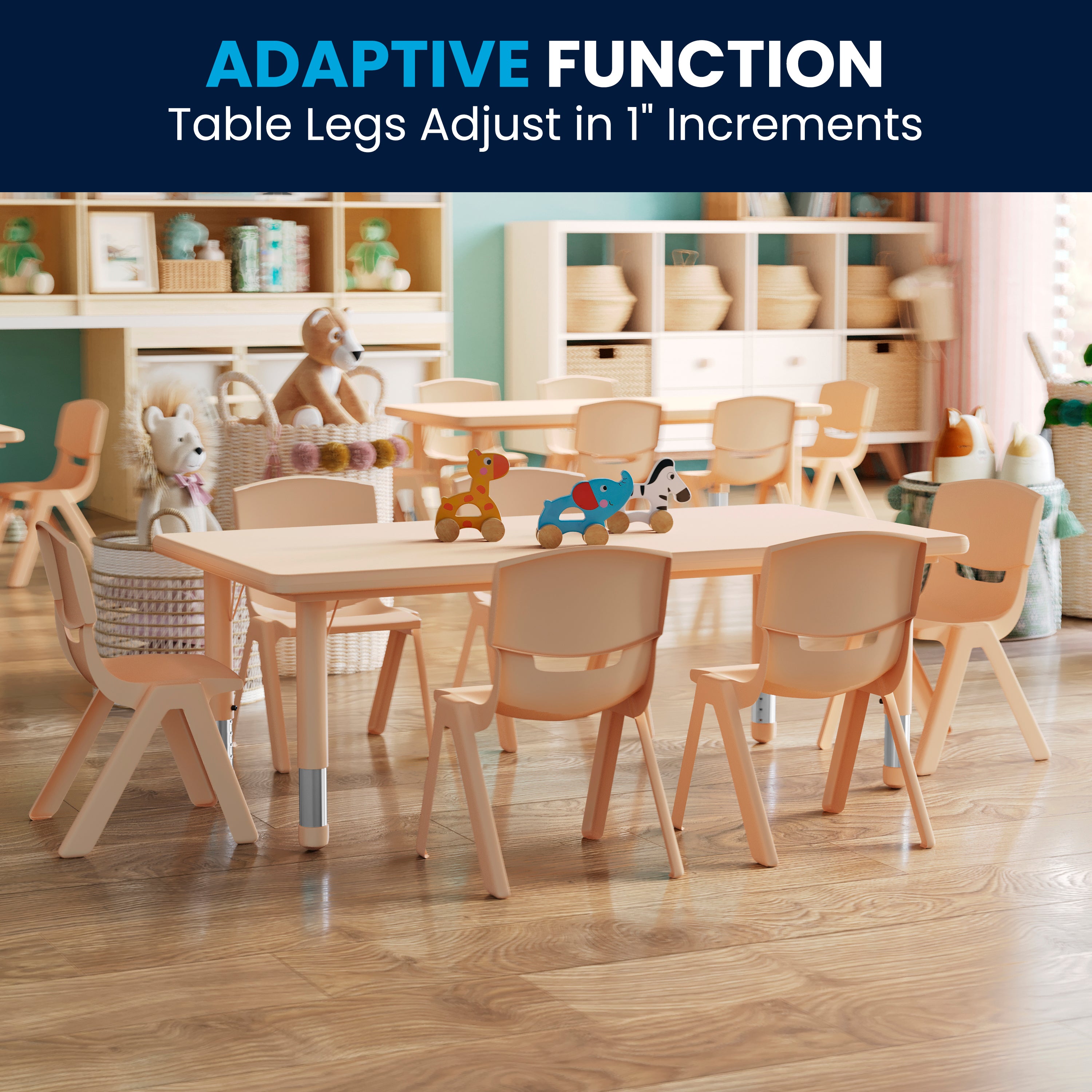 Emmy 24"W x 48"L Rectangular Natural Plastic Height Adjustable Activity Table Set with 6 Chairs