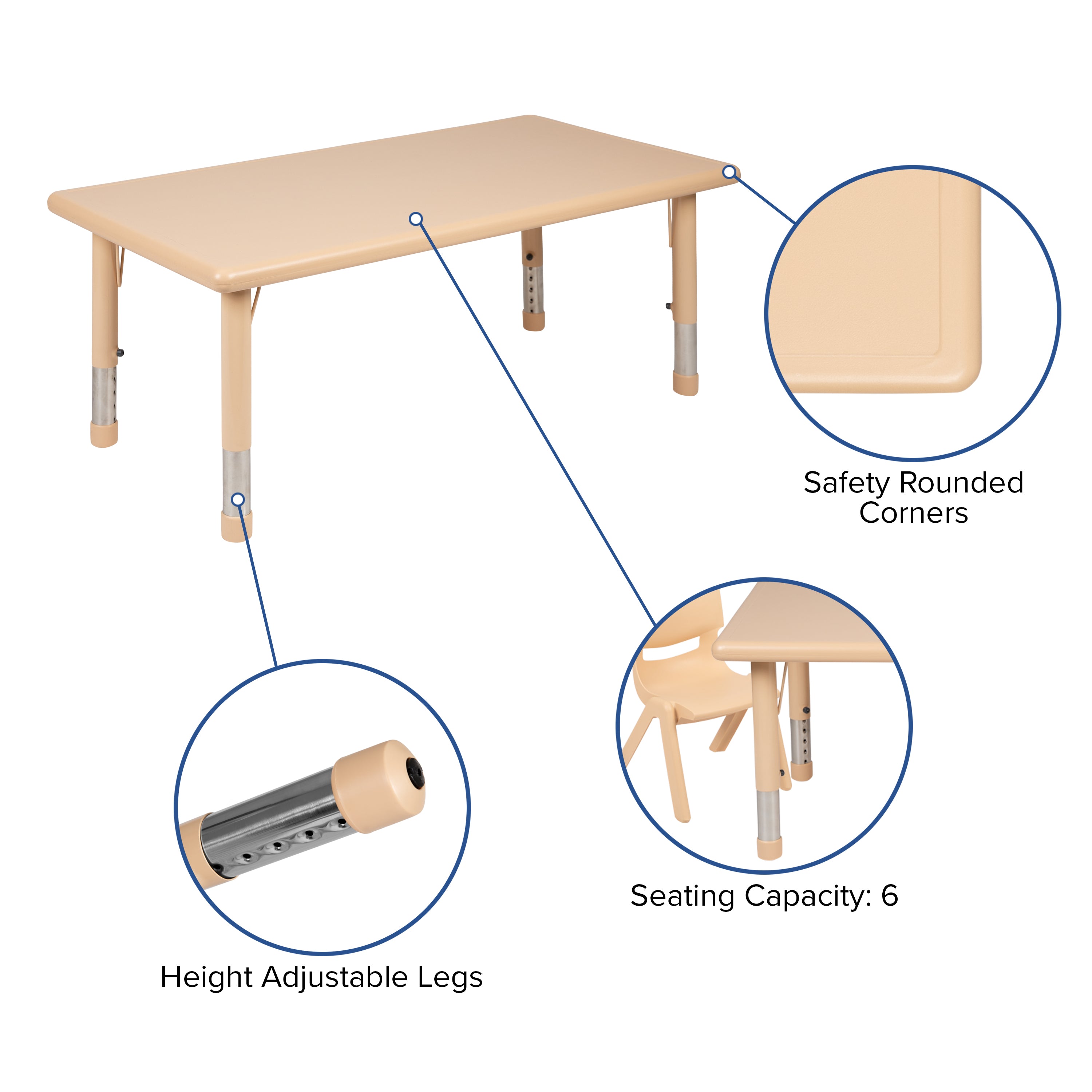 Emmy 24"W x 48"L Rectangular Natural Plastic Height Adjustable Activity Table Set with 4 Chairs