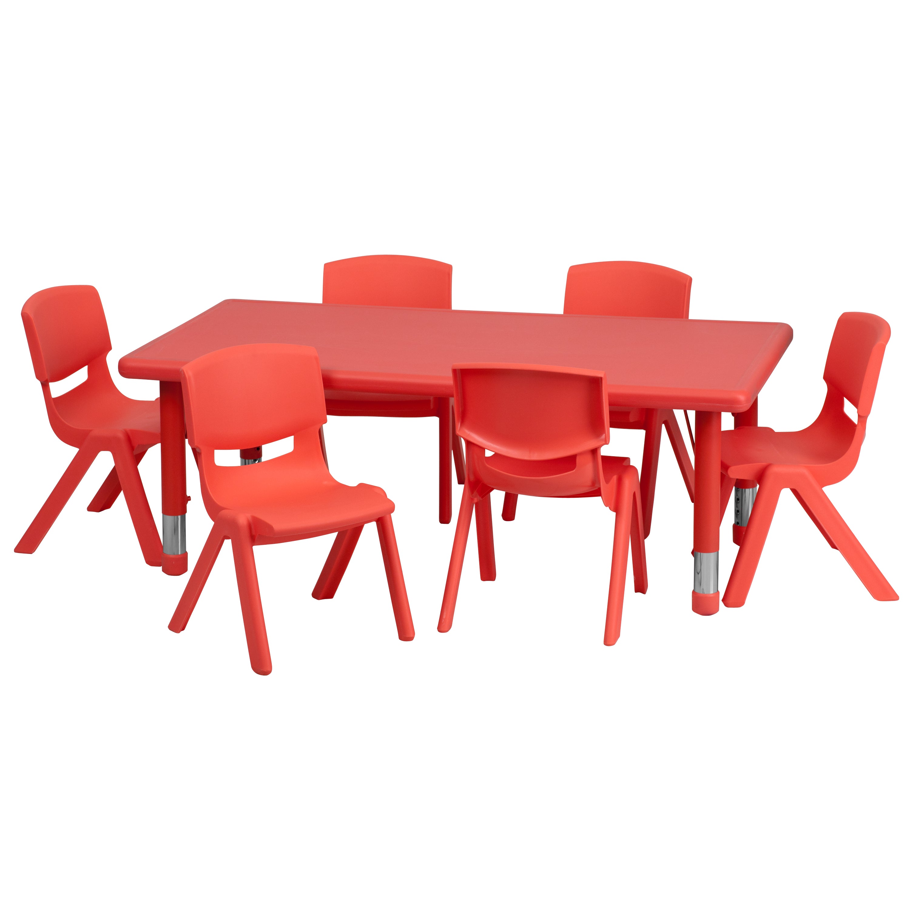 Emmy 24''W x 48''L Rectangular Red Plastic Height Adjustable Activity Table Set with 6 Chairs