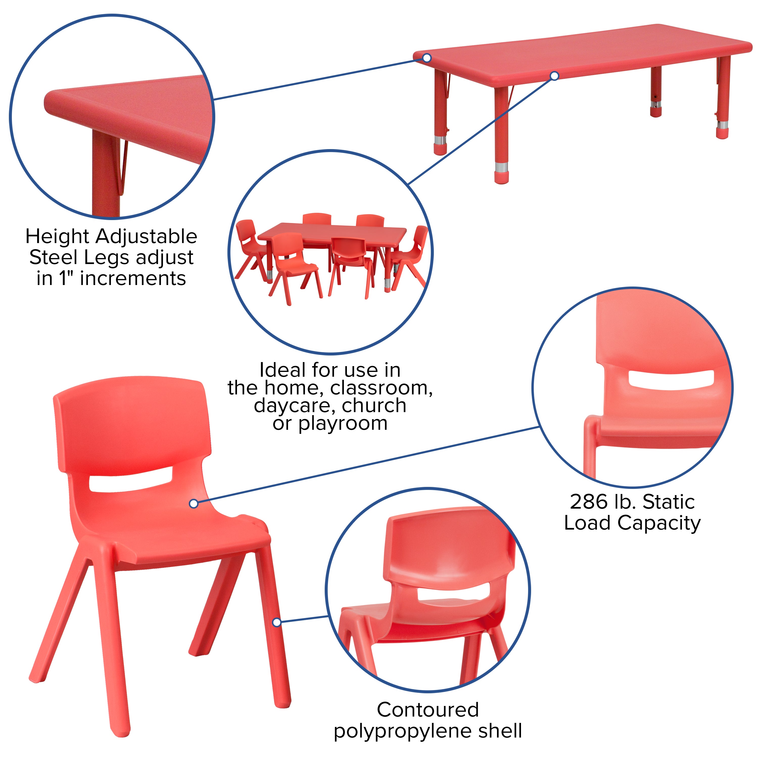 Emmy 24''W x 48''L Rectangular Red Plastic Height Adjustable Activity Table Set with 4 Chairs