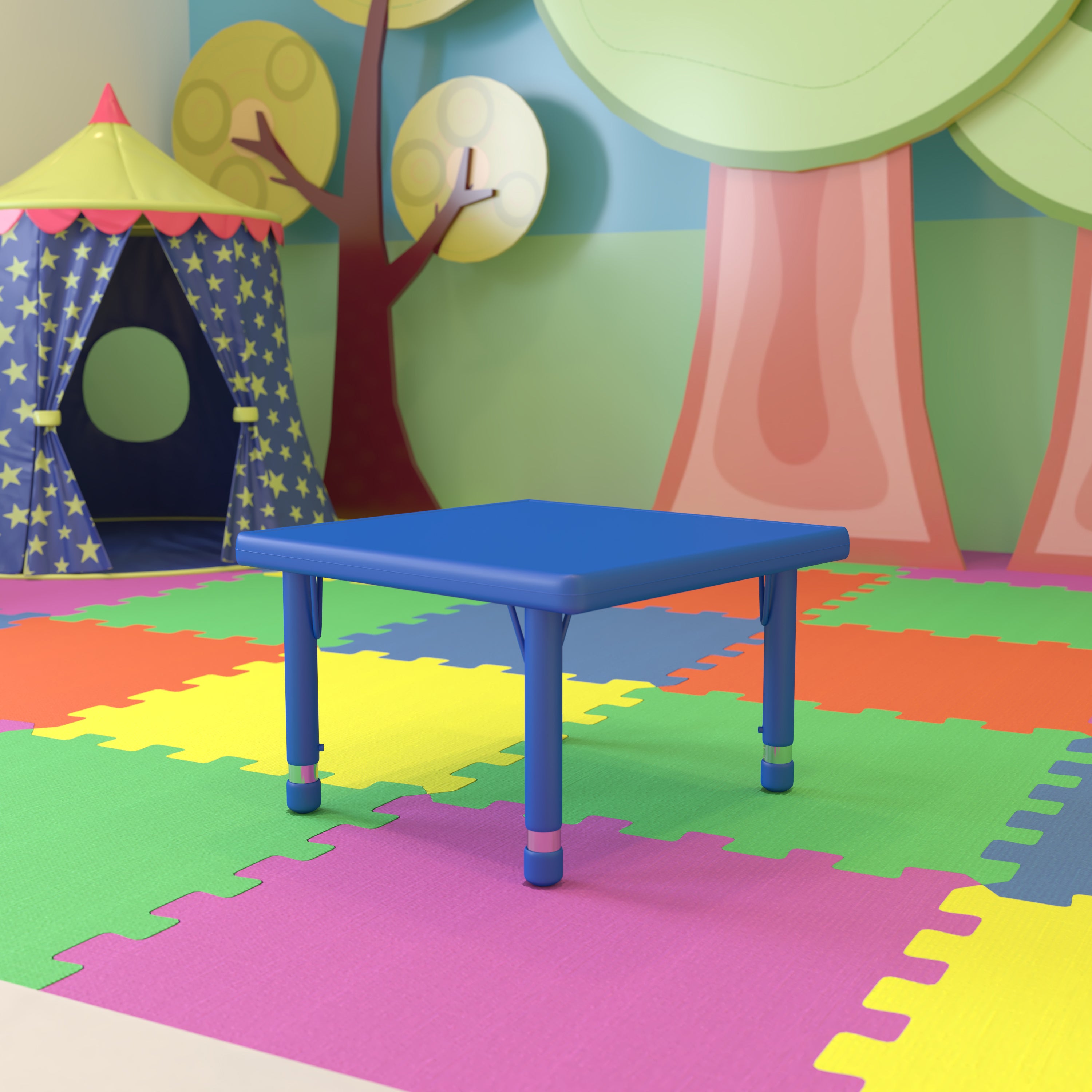 Wren 24'' Square Blue Plastic Height Adjustable Activity Table