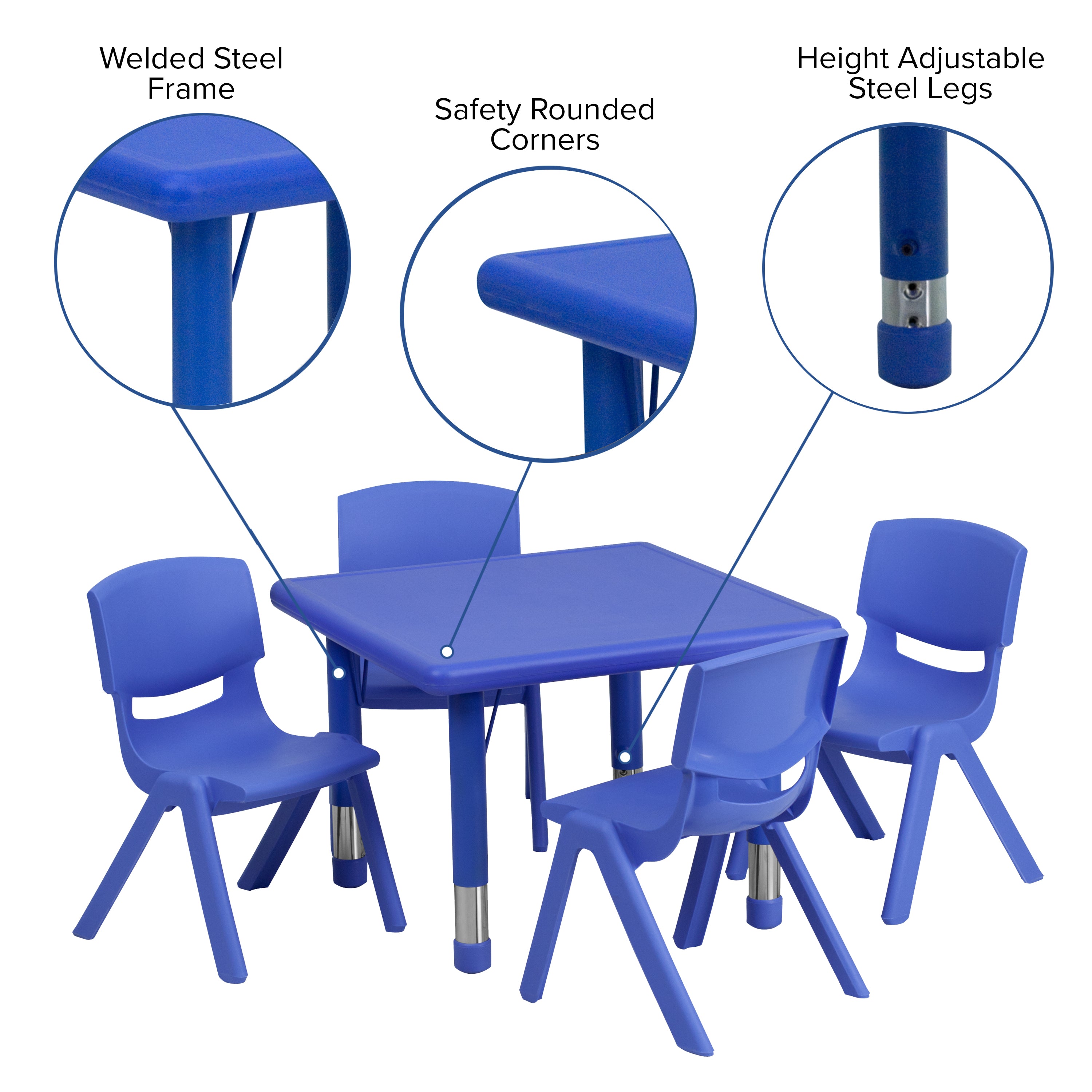Emmy 24'' Square Blue Plastic Height Adjustable Activity Table Set with 4 Chairs