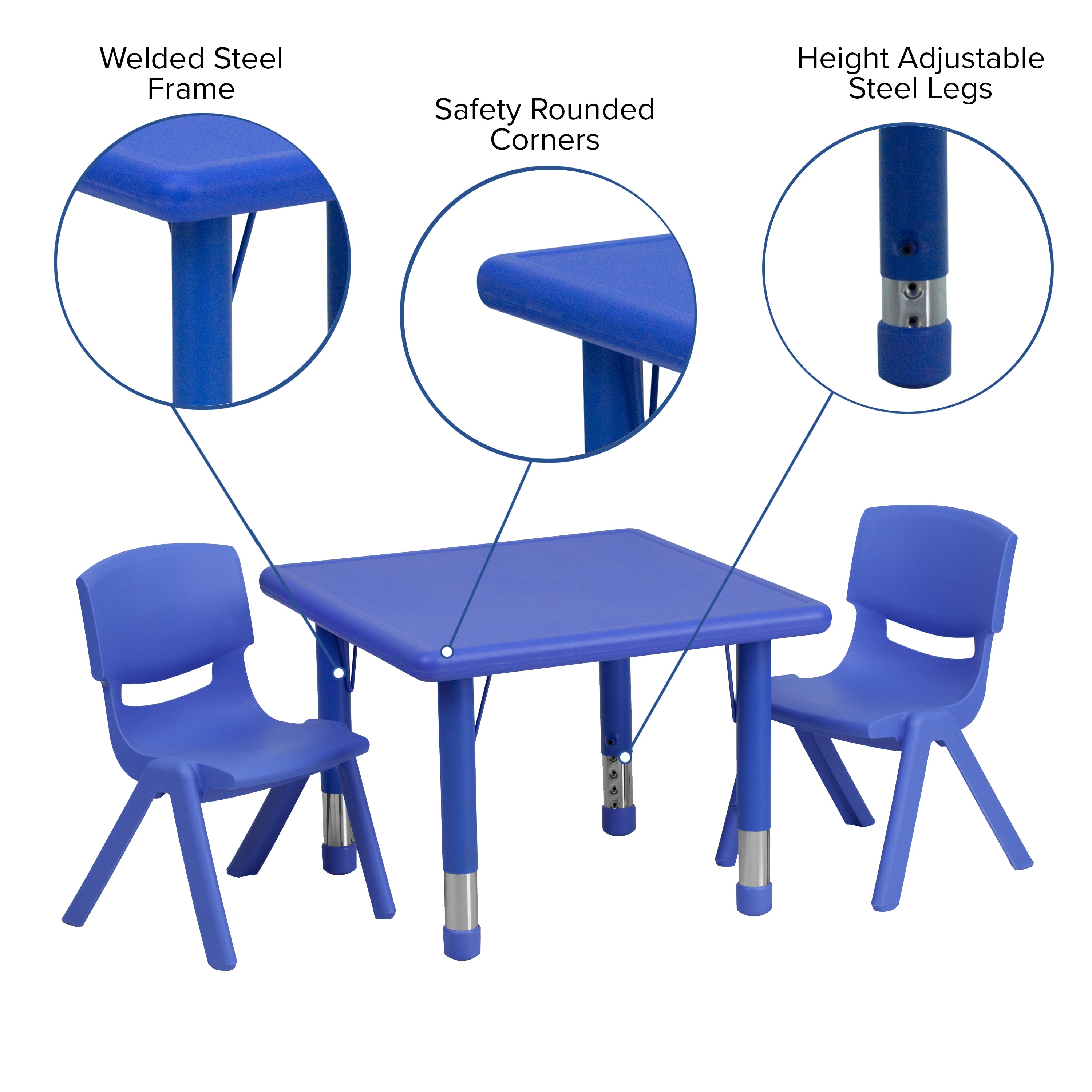 Emmy 24'' Square Blue Plastic Height Adjustable Activity Table Set with 2 Chairs