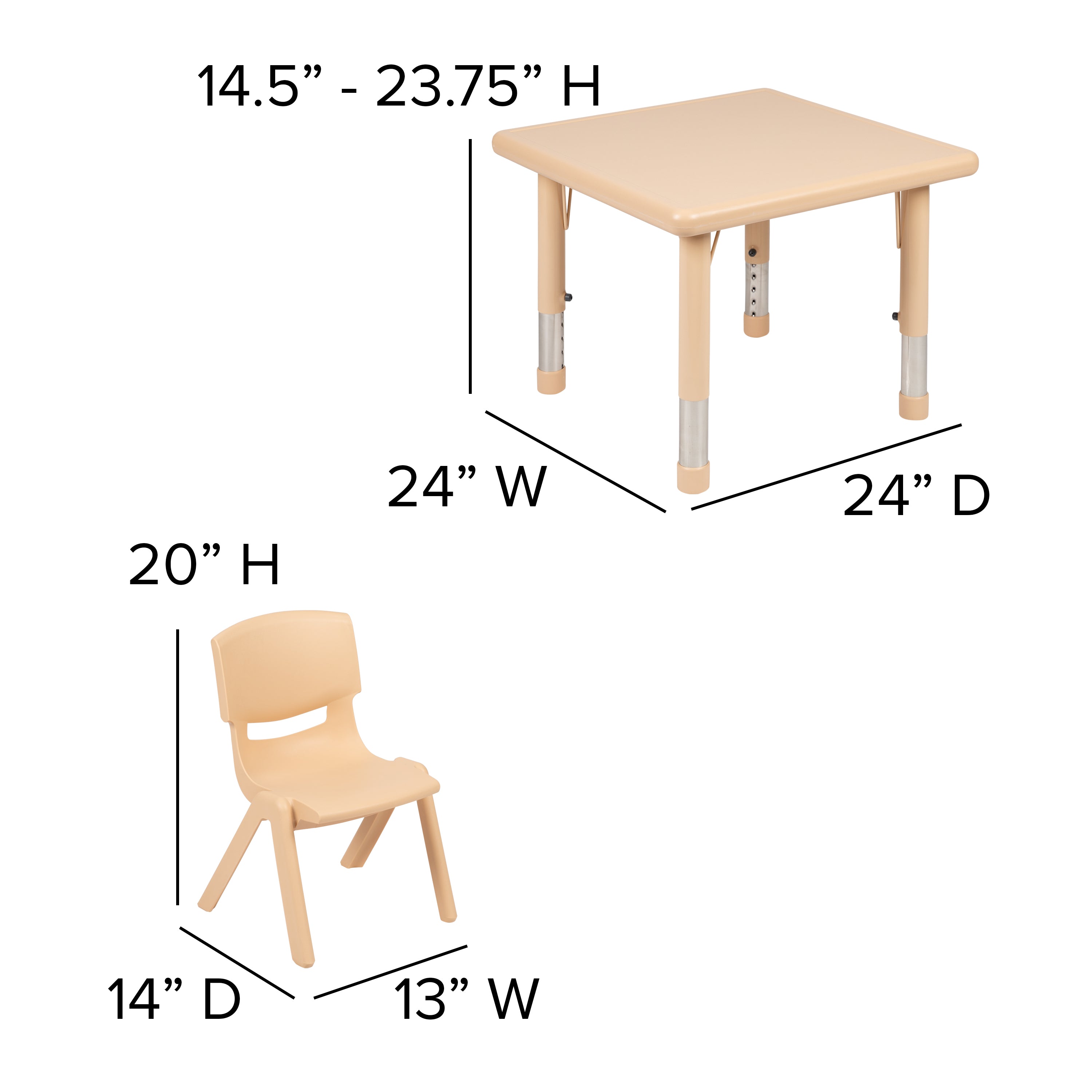 Emmy 24" Square Natural Plastic Height Adjustable Activity Table Set with 4 Chairs