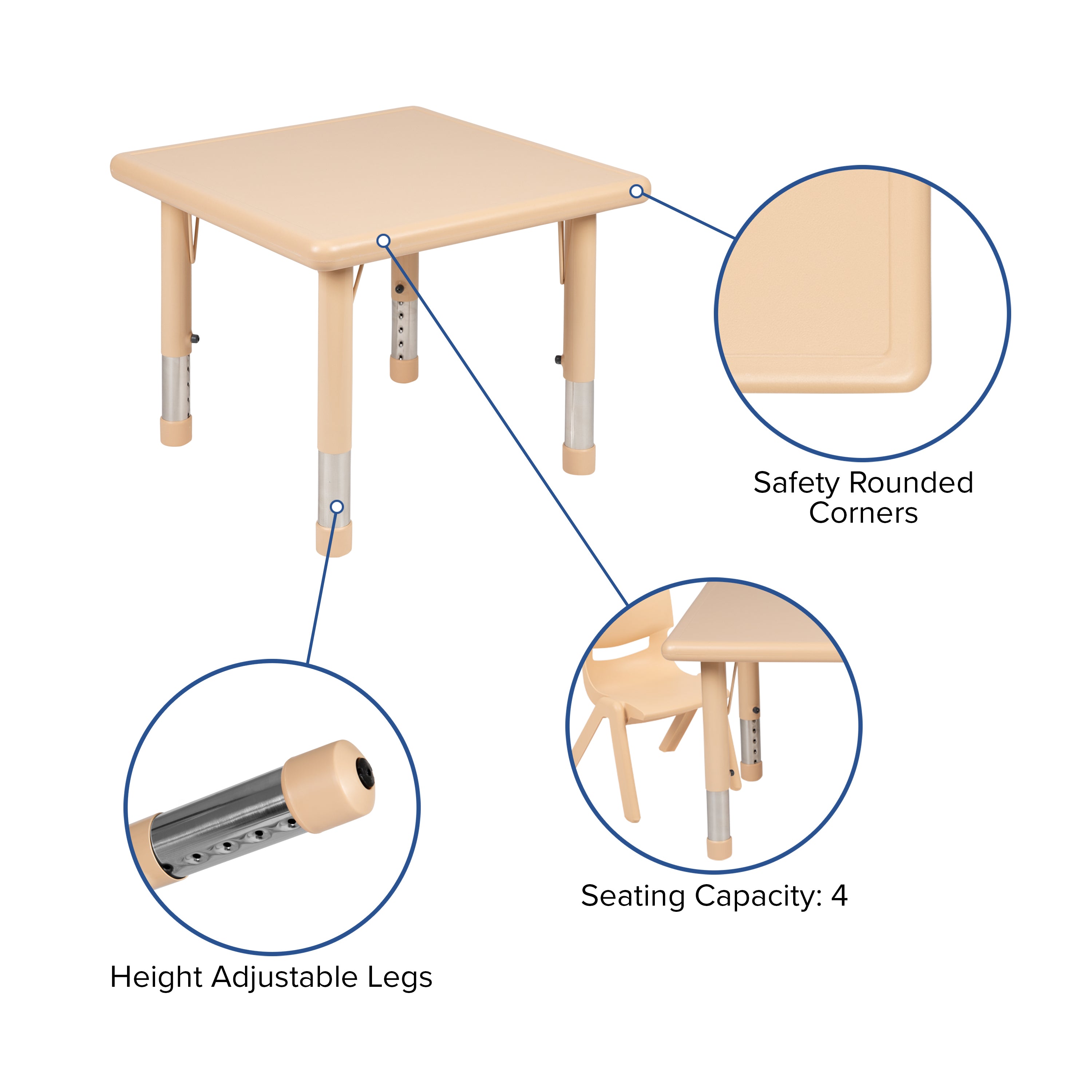Emmy 24" Square Natural Plastic Height Adjustable Activity Table Set with 2 Chairs