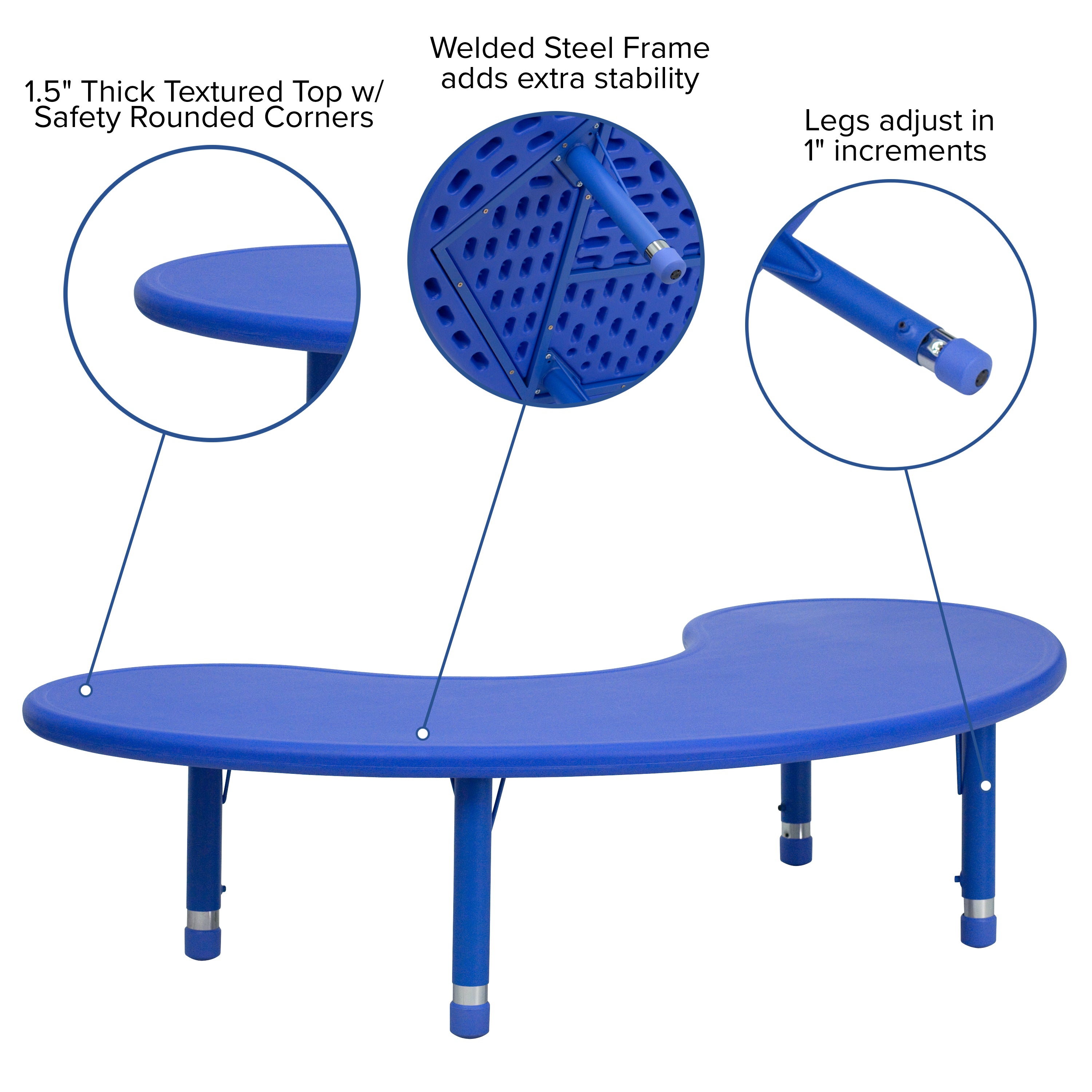 Wren 35''W x 65''L Half-Moon Blue Plastic Height Adjustable Activity Table
