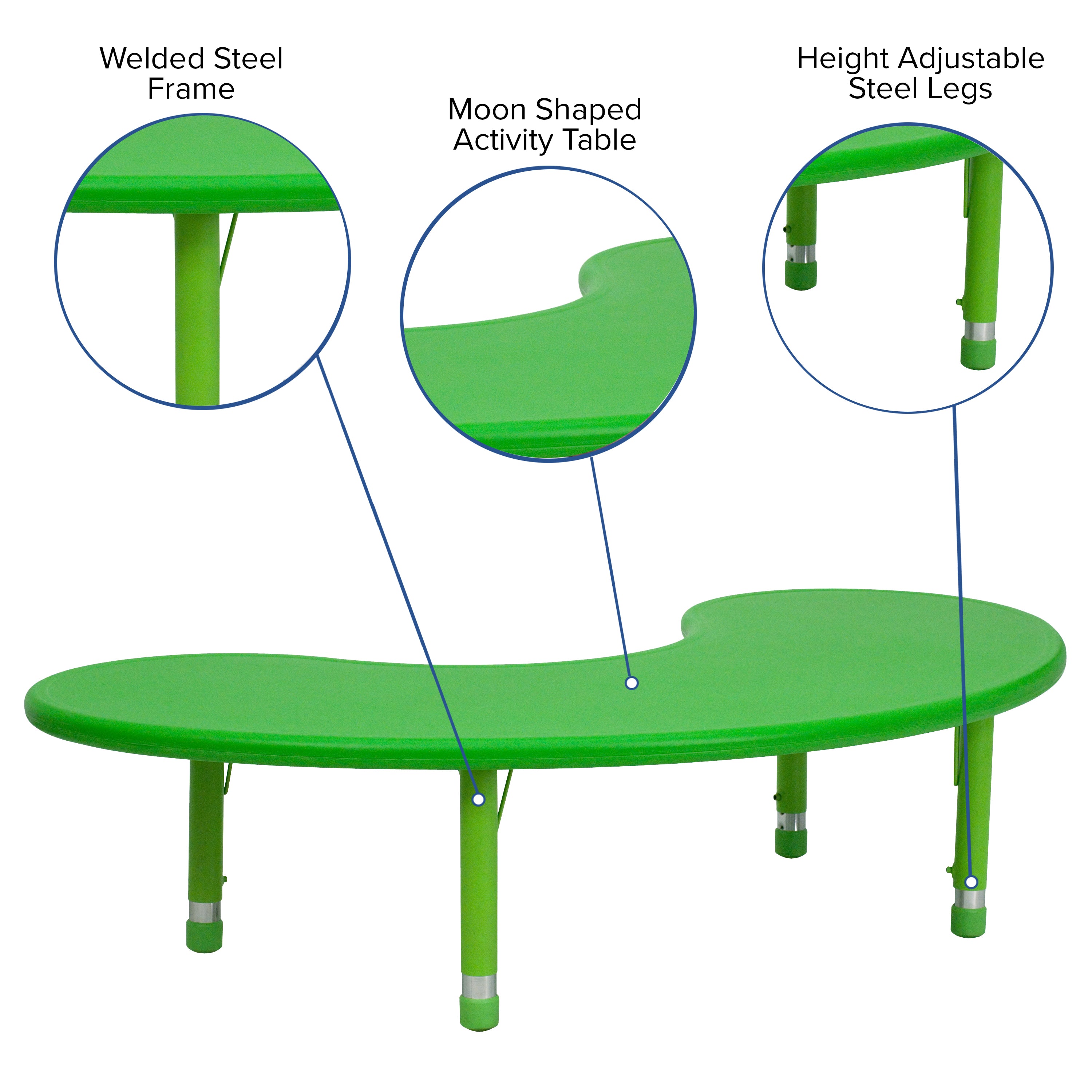 Wren 35''W x 65''L Half-Moon Green Plastic Height Adjustable Activity Table