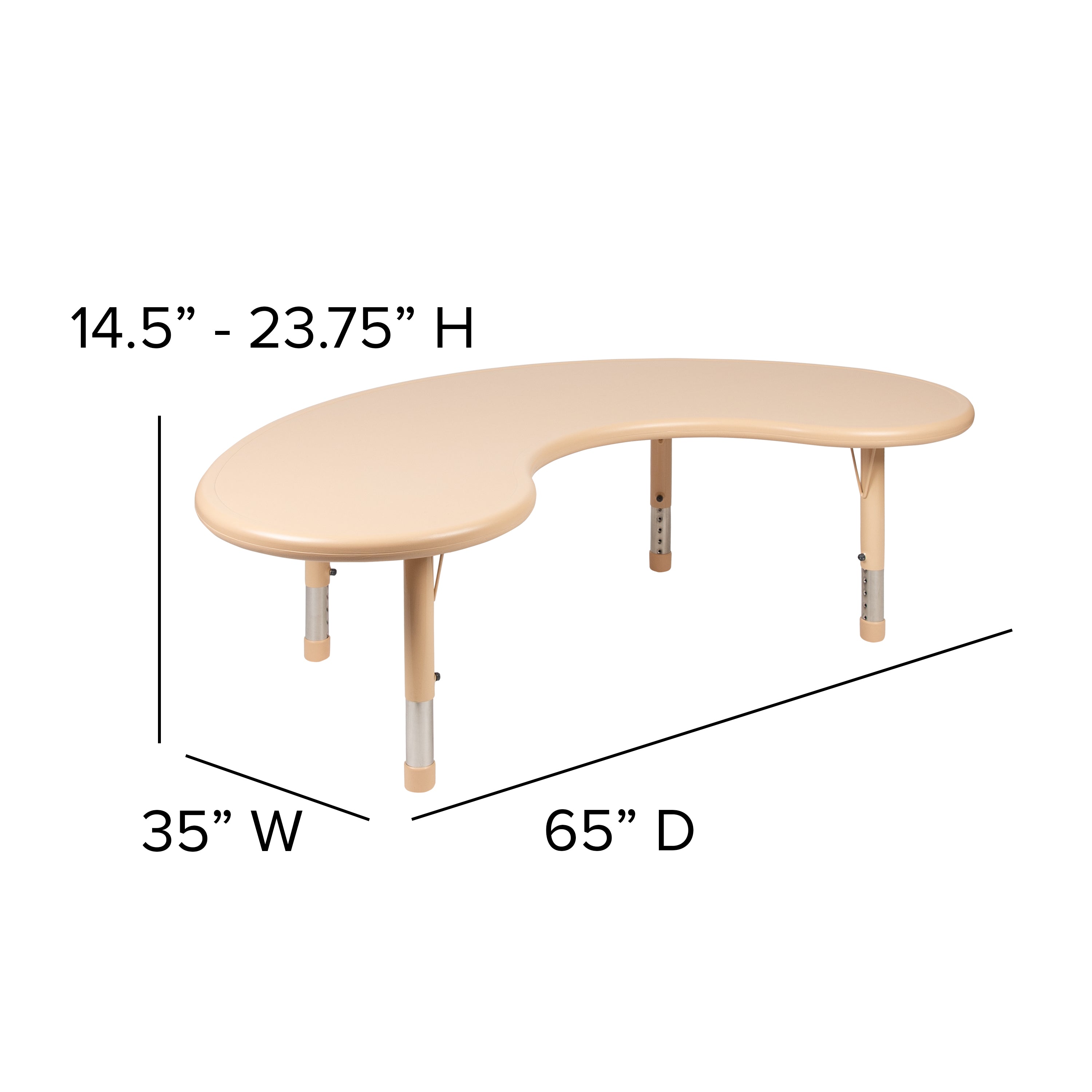 Wren 35"W x 65"L Half-Moon Natural Plastic Height Adjustable Activity Table
