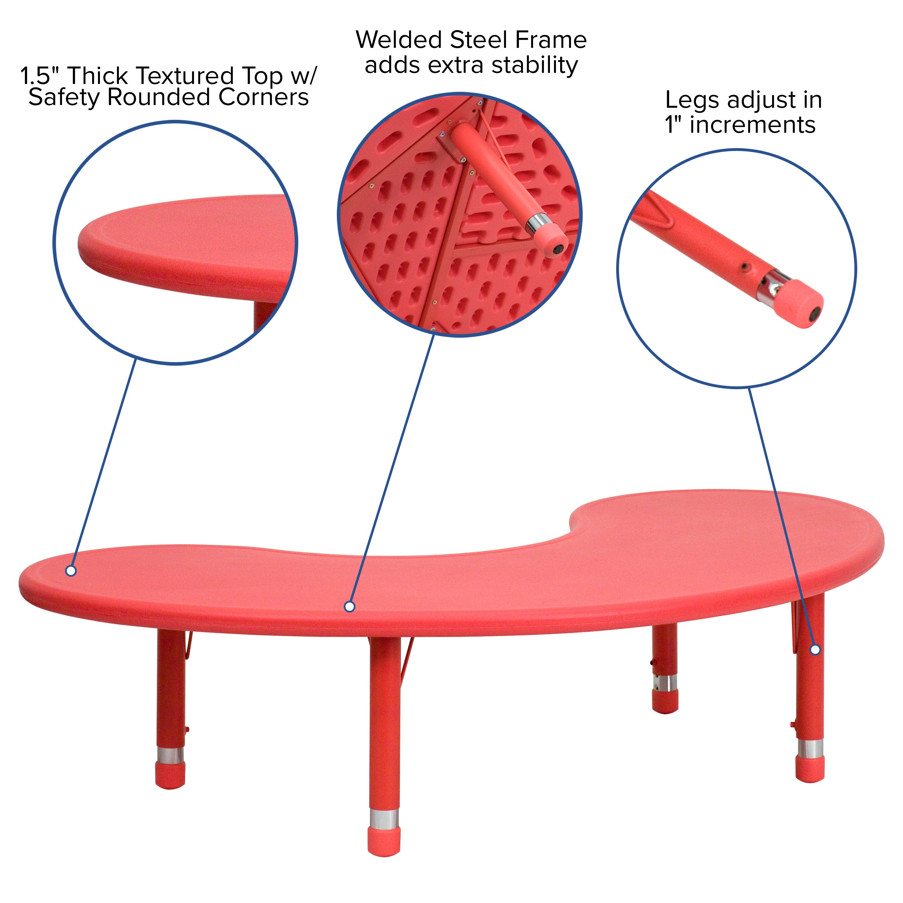 Wren 35''W x 65''L Half-Moon Red Plastic Height Adjustable Activity Table