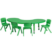 Emmy 35''W x 65''L Half-Moon Green Plastic Height Adjustable Activity Table Set with 4 Chairs