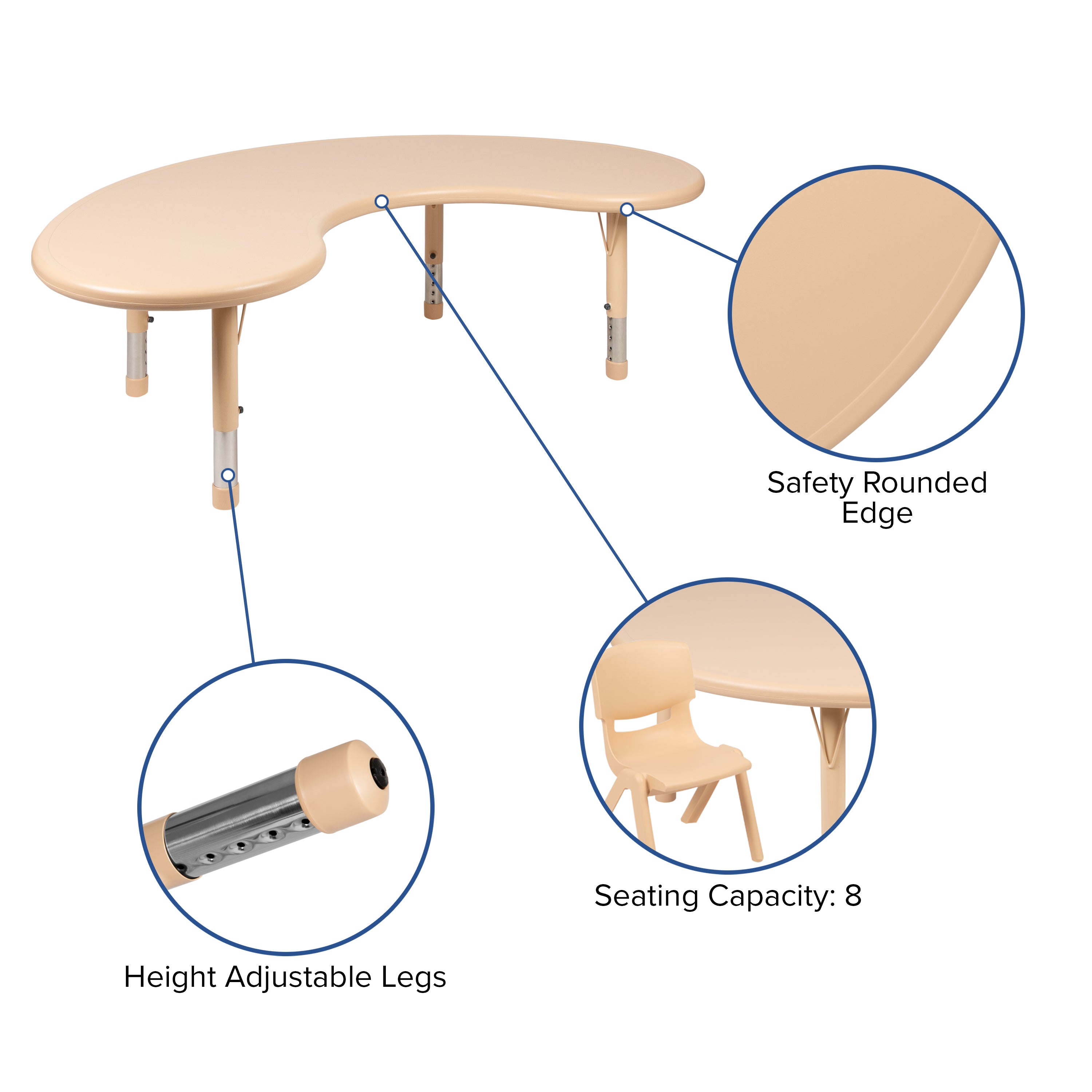 Emmy 35"W x 65"L Half-Moon Natural Plastic Height Adjustable Activity Table Set with 4 Chairs