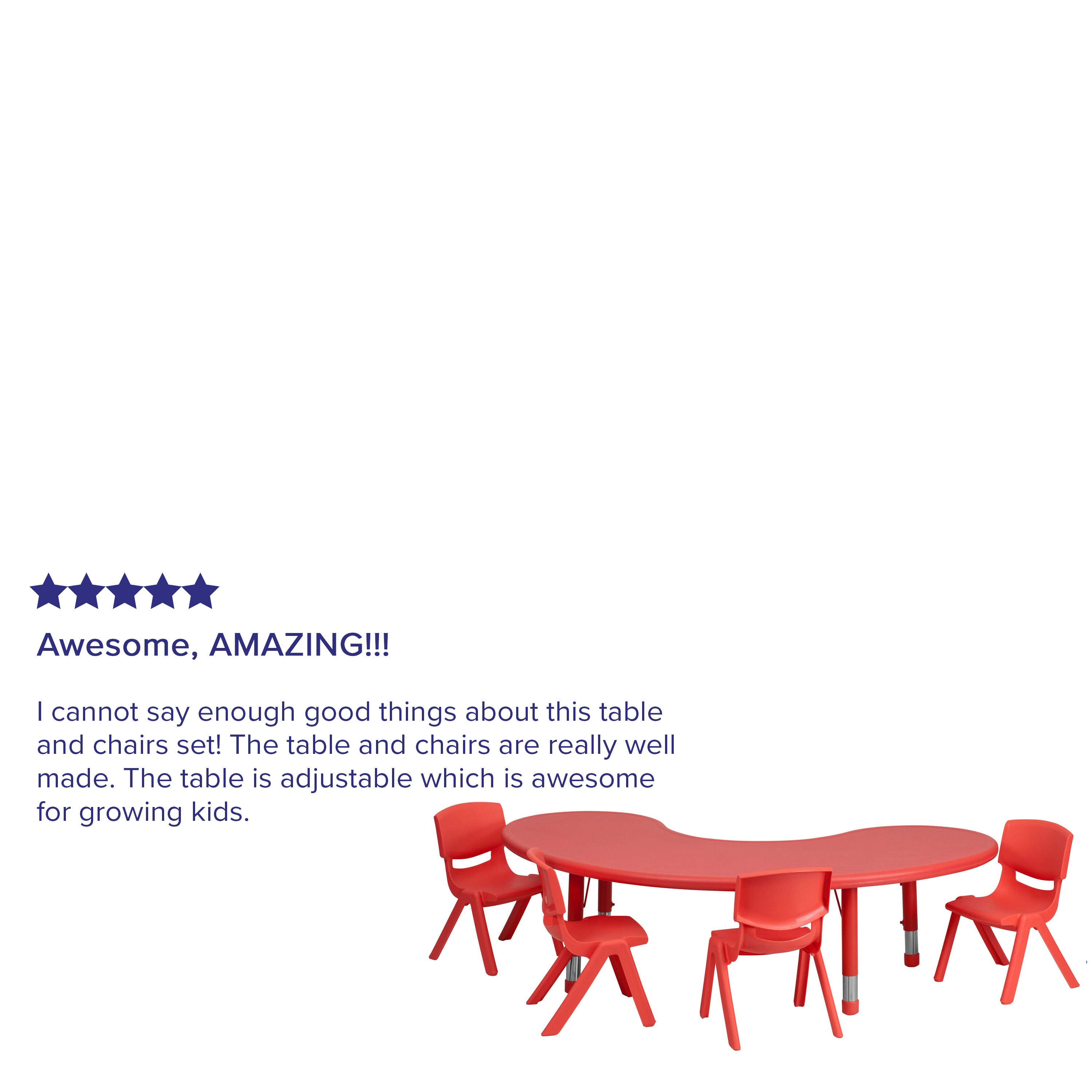 Emmy 35''W x 65''L Half-Moon Red Plastic Height Adjustable Activity Table Set with 4 Chairs
