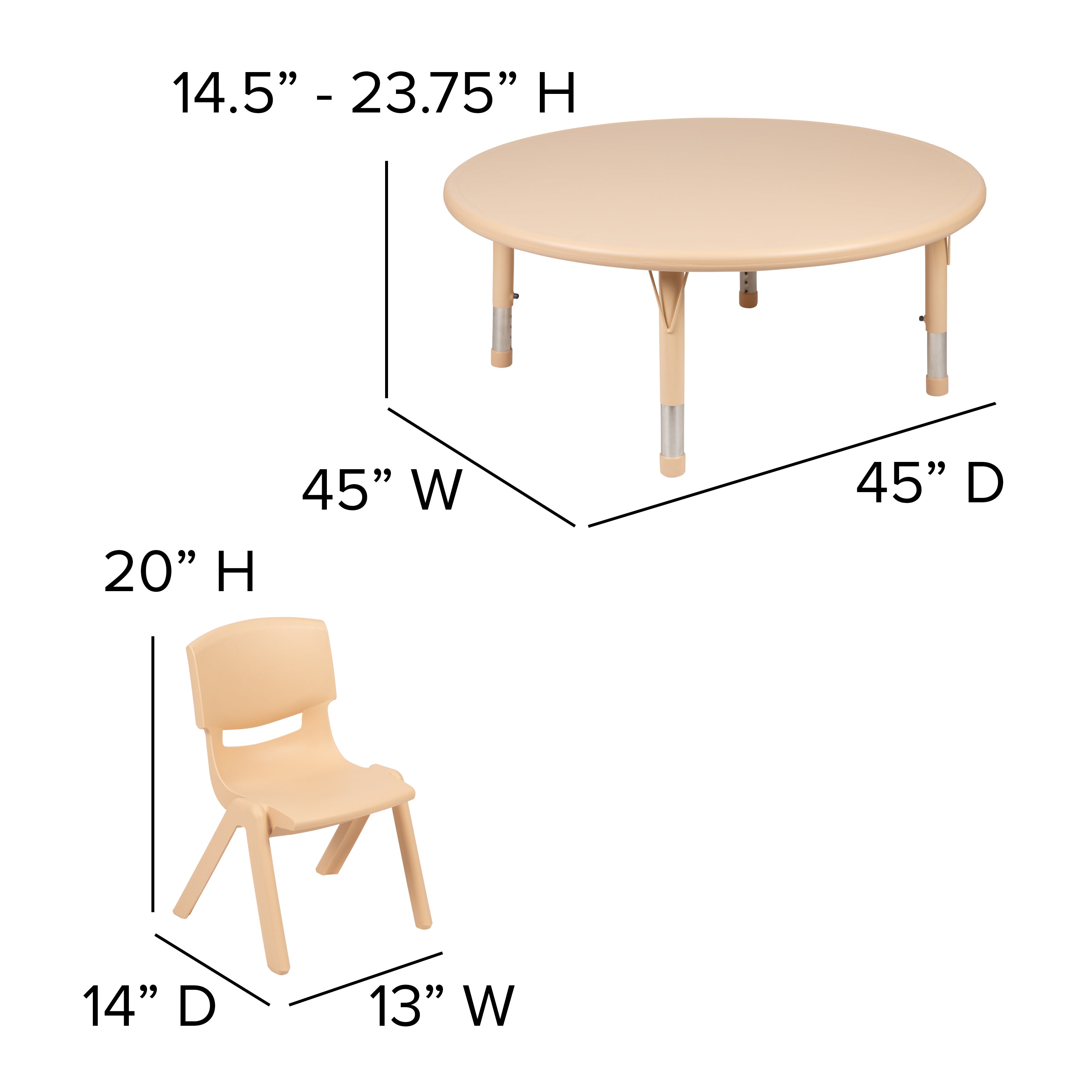 Emmy 45" Round Natural Plastic Height Adjustable Activity Table Set with 4 Chairs