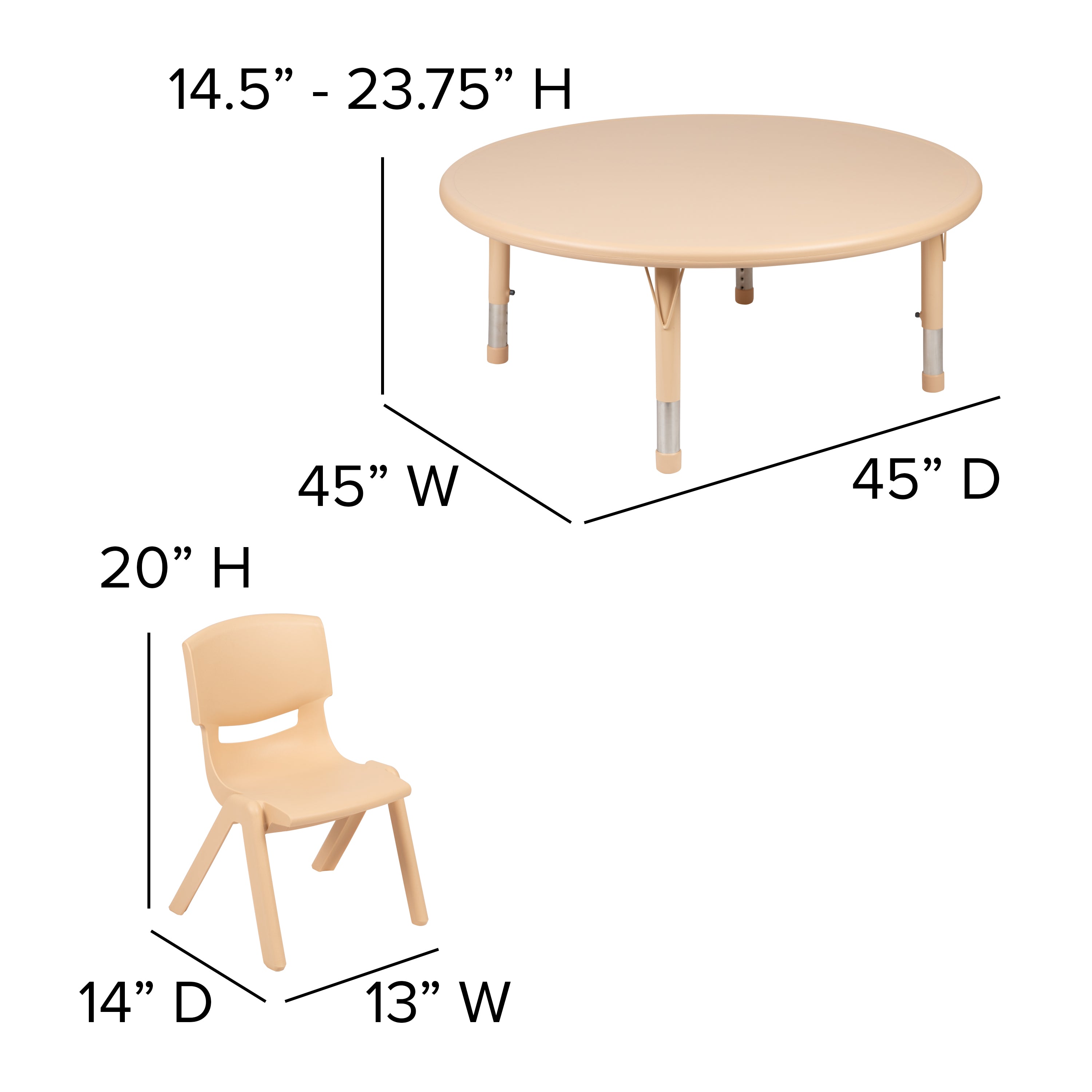 Emmy 45" Round Natural Plastic Height Adjustable Activity Table Set with 2 Chairs