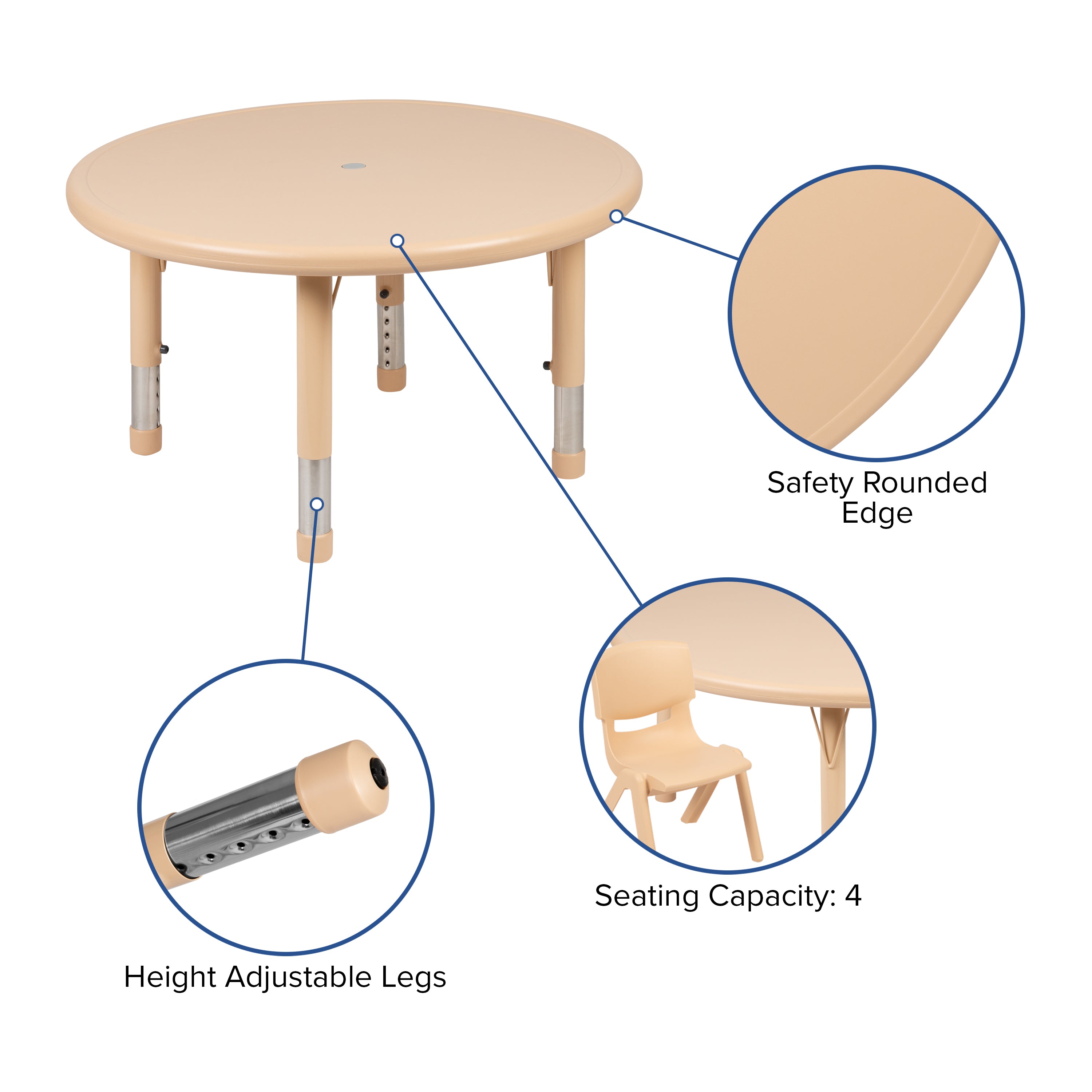 Wren 33" Round Natural Plastic Height Adjustable Activity Table