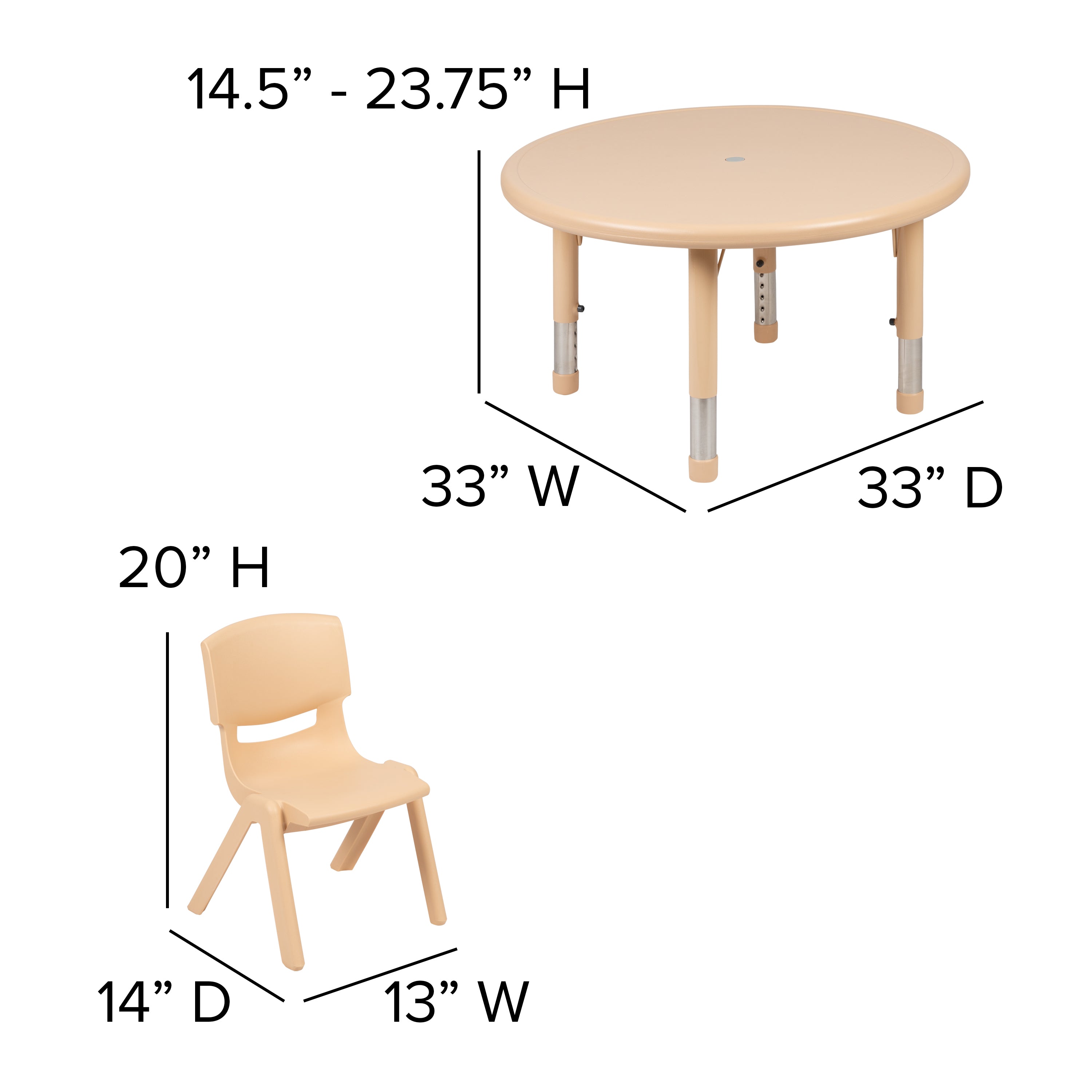 Emmy 33" Round Natural Plastic Height Adjustable Activity Table Set with 2 Chairs