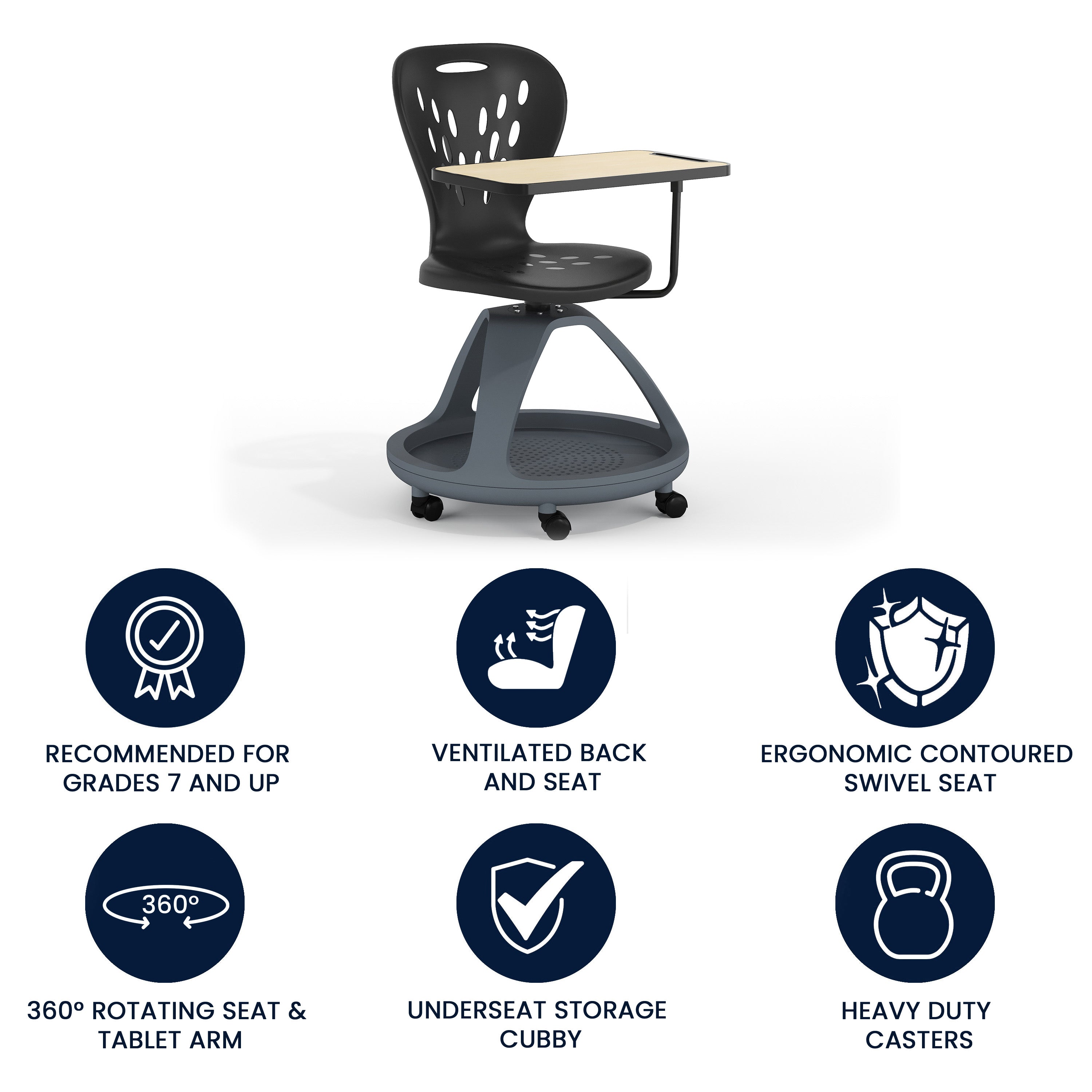 Laikyn Black Mobile Desk Chair with 360 Degree Tablet Rotation and Under Seat Storage Cubby