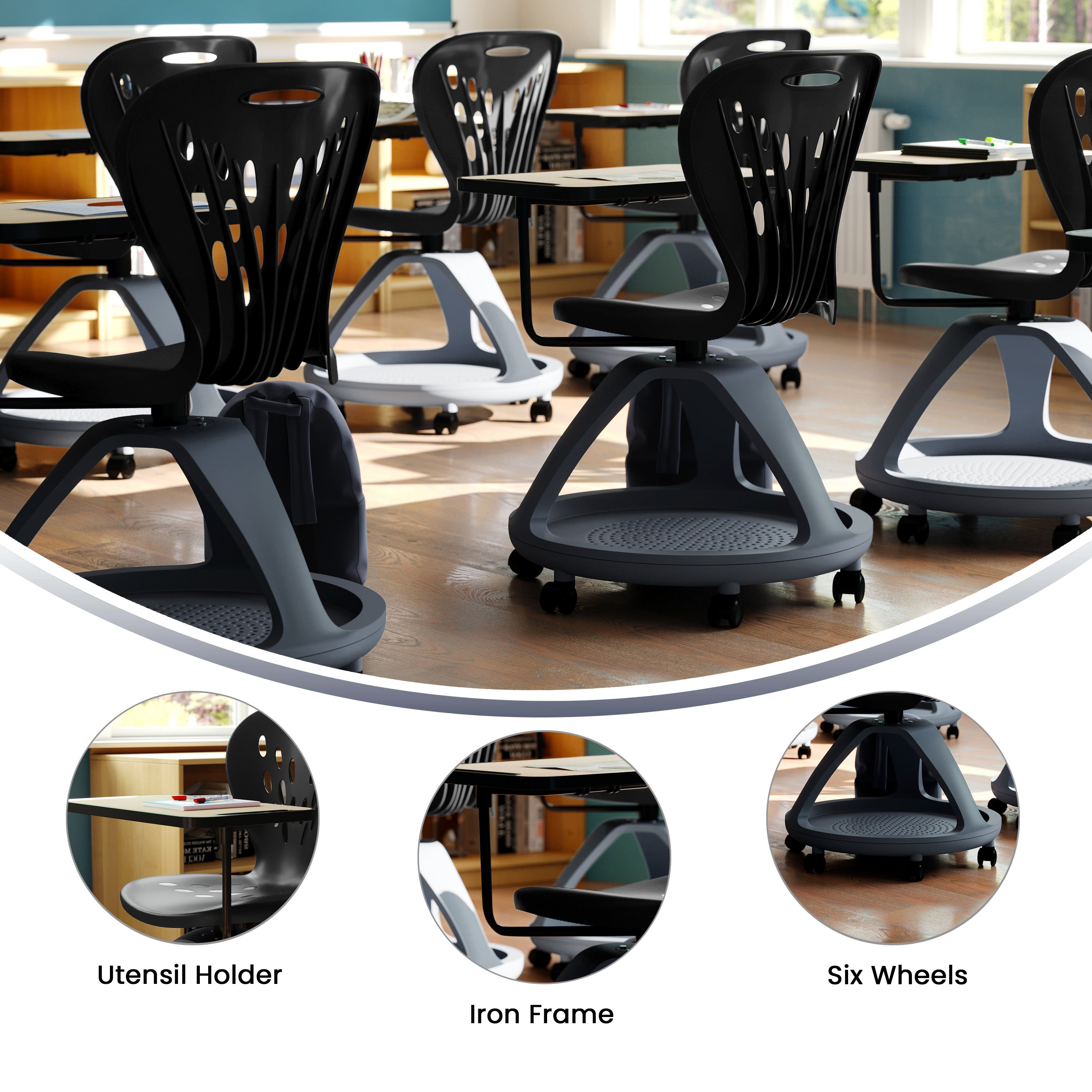 Laikyn Black Mobile Desk Chair with 360 Degree Tablet Rotation and Under Seat Storage Cubby
