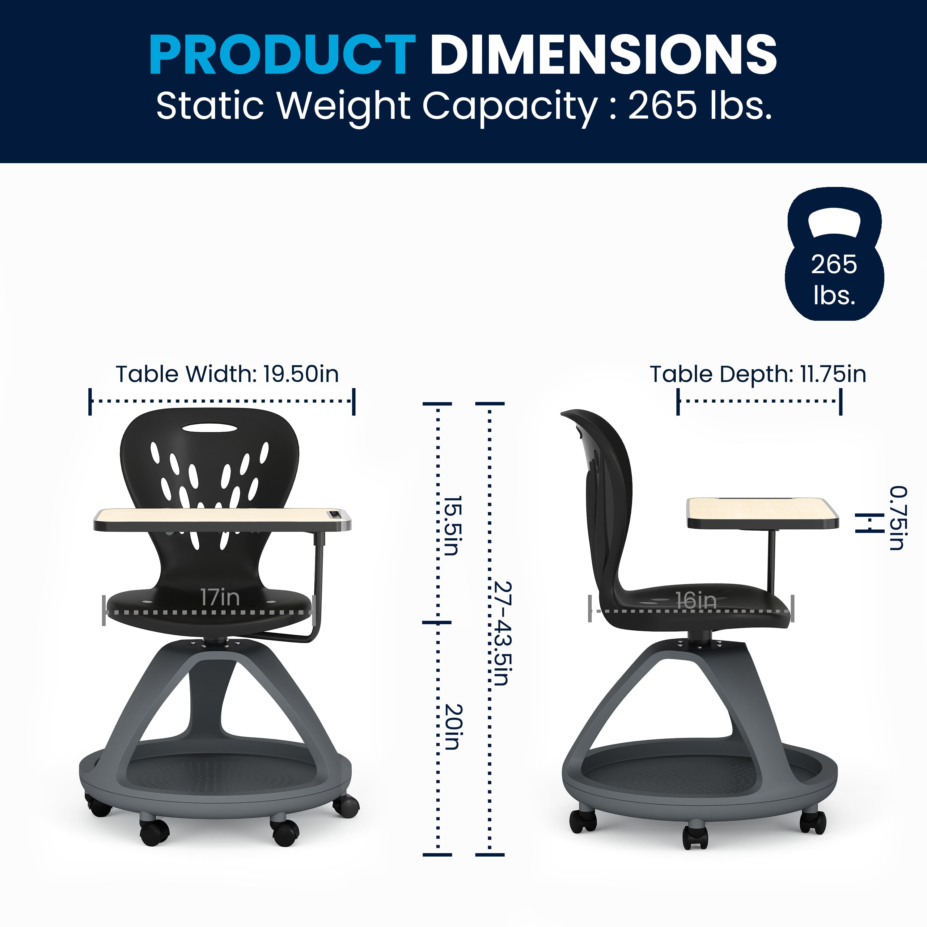 Laikyn Black Mobile Desk Chair with 360 Degree Tablet Rotation and Under Seat Storage Cubby
