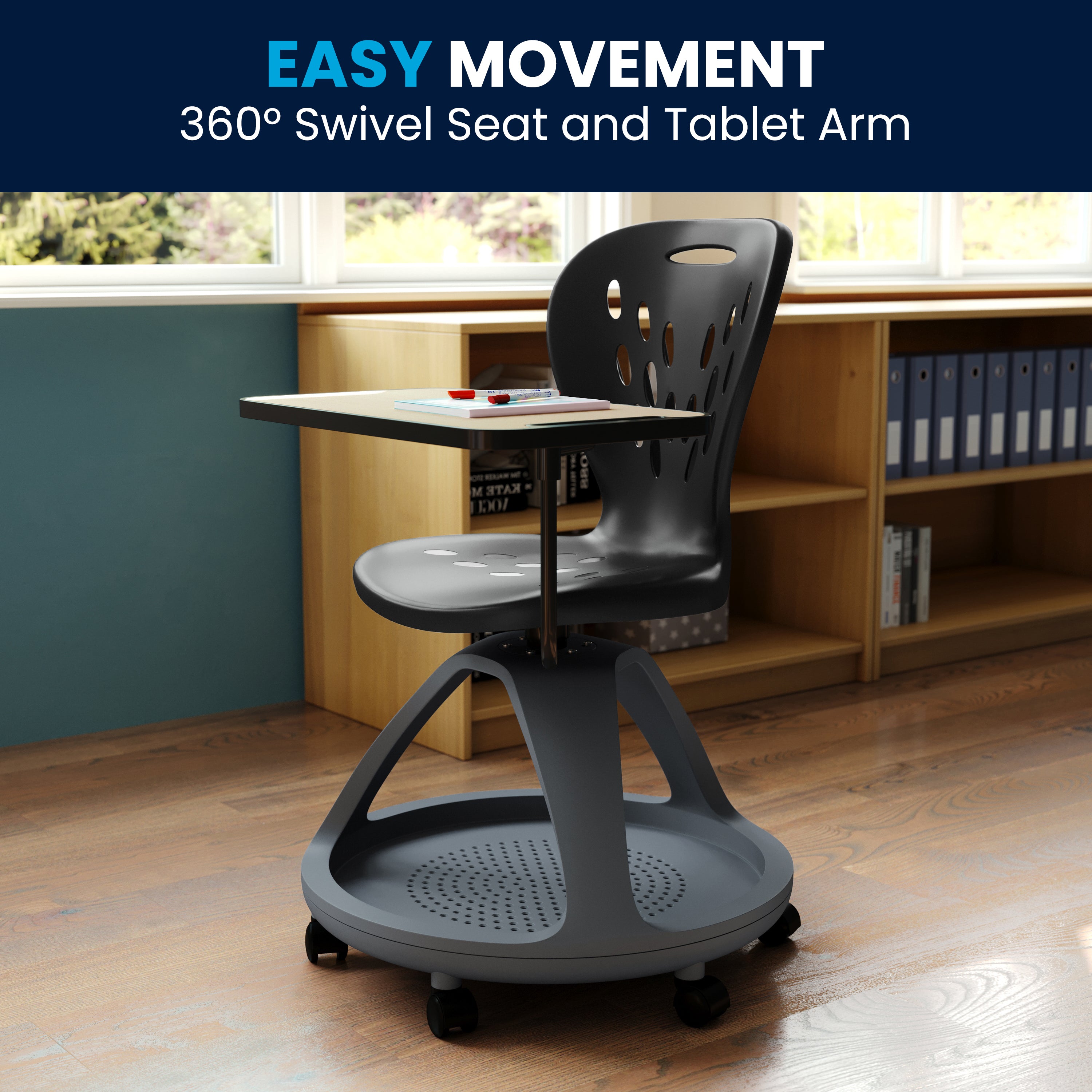 Laikyn Black Mobile Desk Chair with 360 Degree Tablet Rotation and Under Seat Storage Cubby
