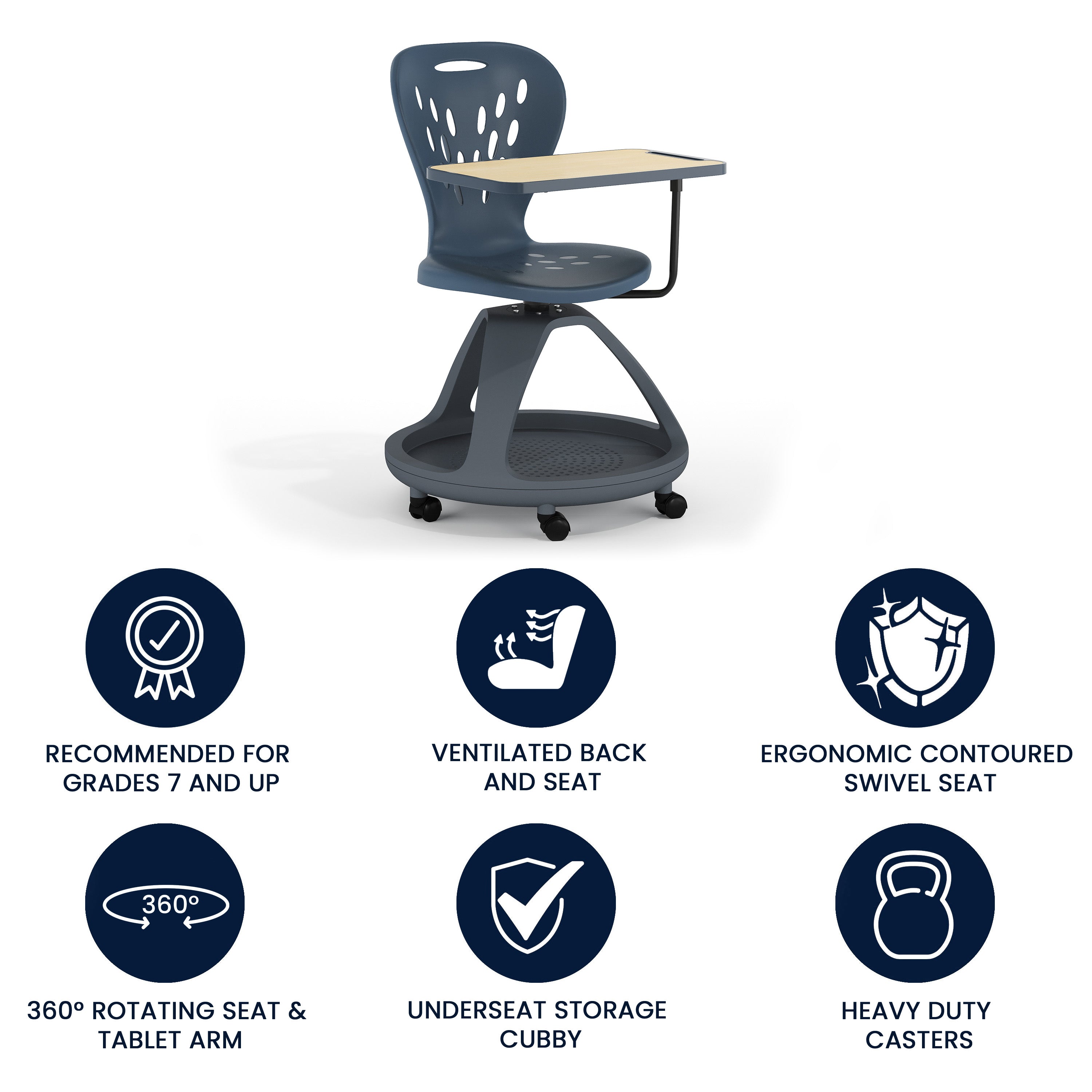 Laikyn Dark Gray Mobile Desk Chair with 360 Degree Tablet Rotation and Under Seat Storage Cubby