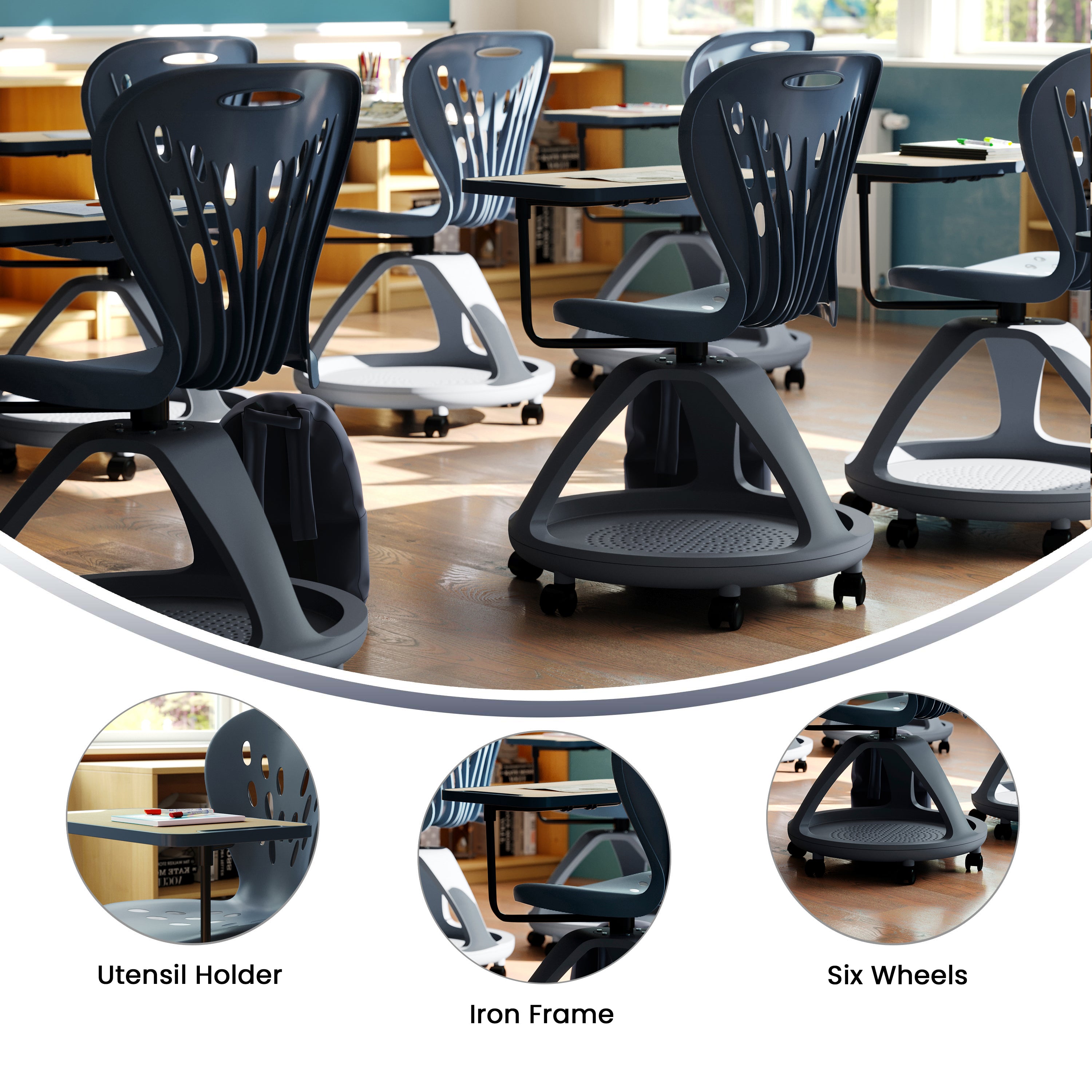 Laikyn Dark Gray Mobile Desk Chair with 360 Degree Tablet Rotation and Under Seat Storage Cubby