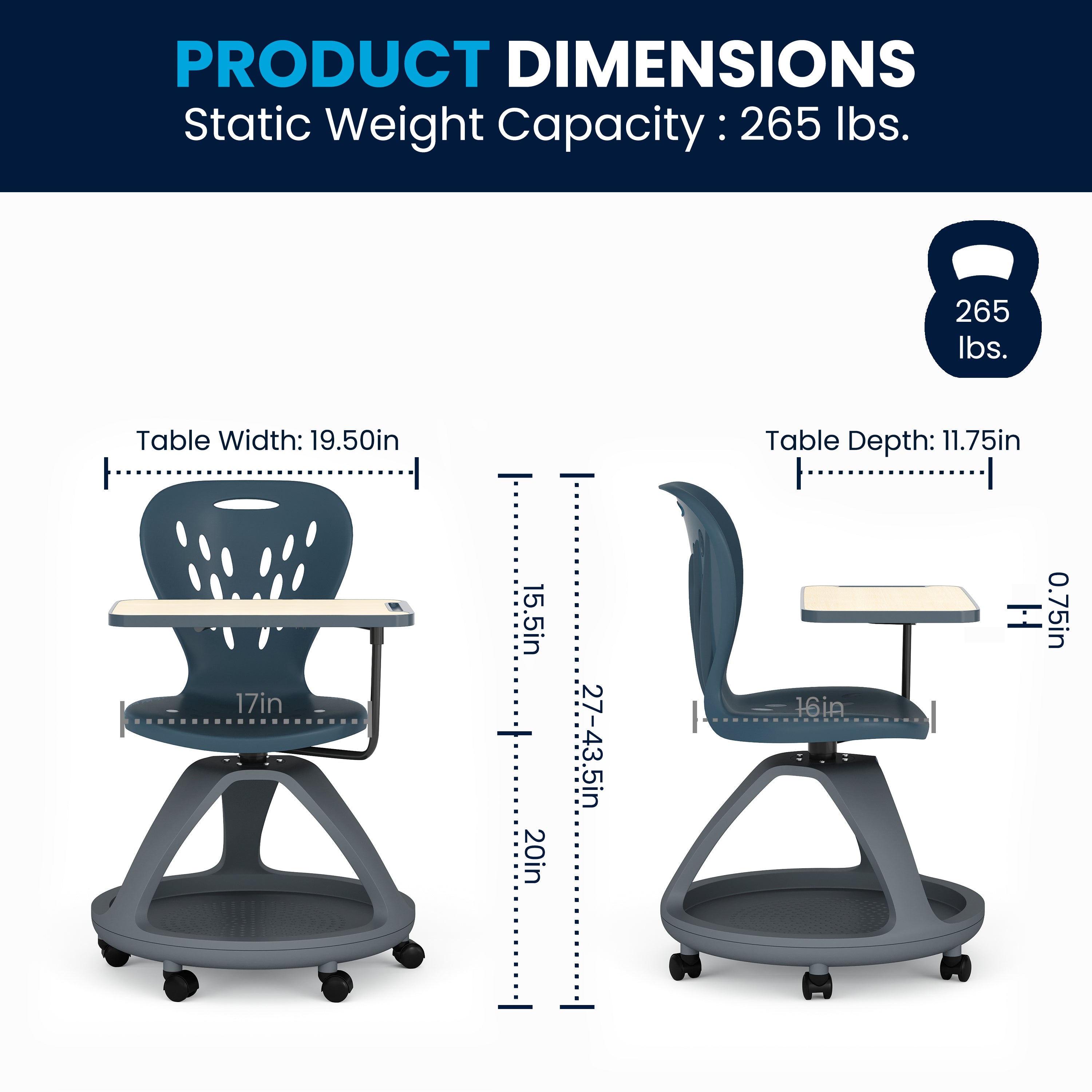 Laikyn Dark Gray Mobile Desk Chair with 360 Degree Tablet Rotation and Under Seat Storage Cubby
