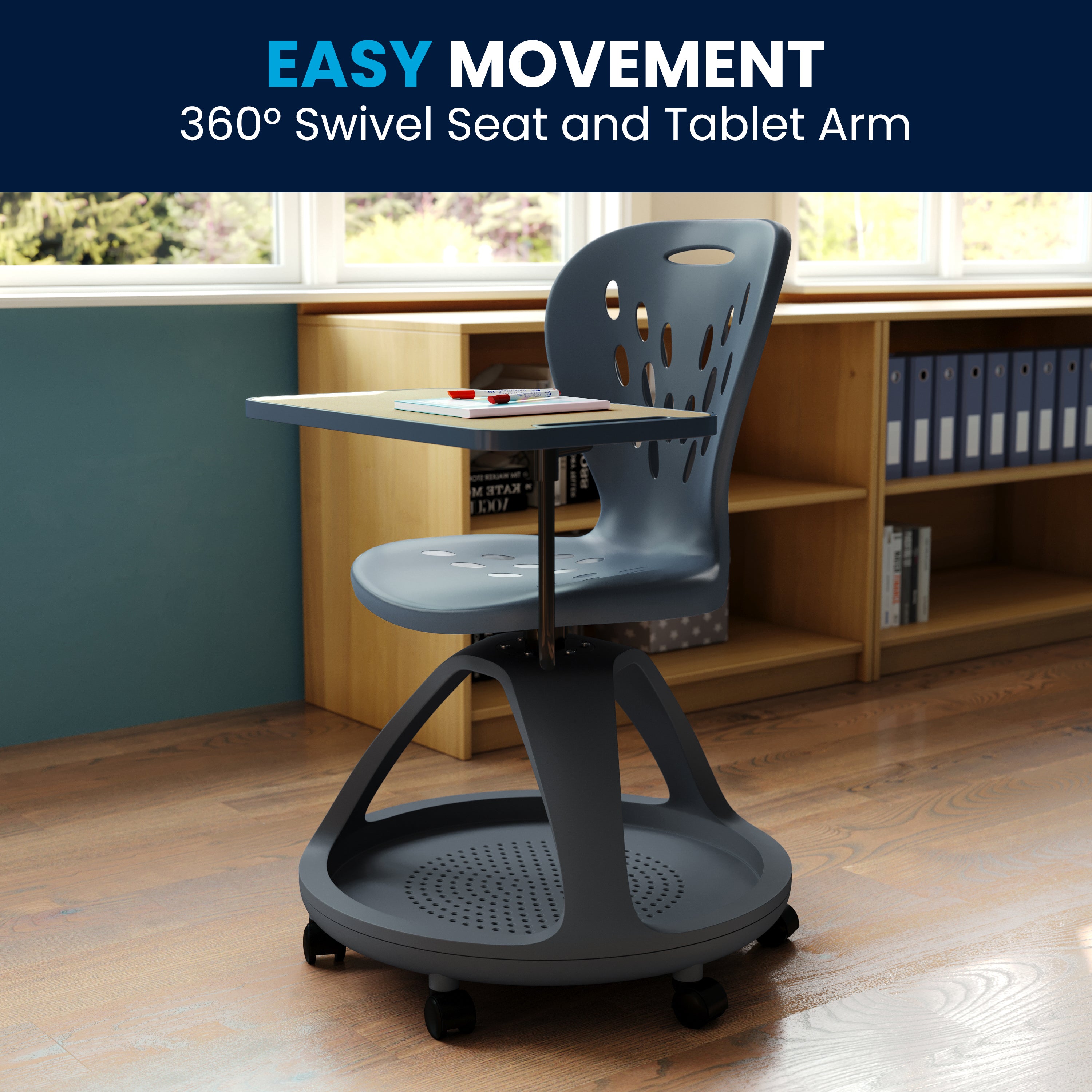 Laikyn Dark Gray Mobile Desk Chair with 360 Degree Tablet Rotation and Under Seat Storage Cubby