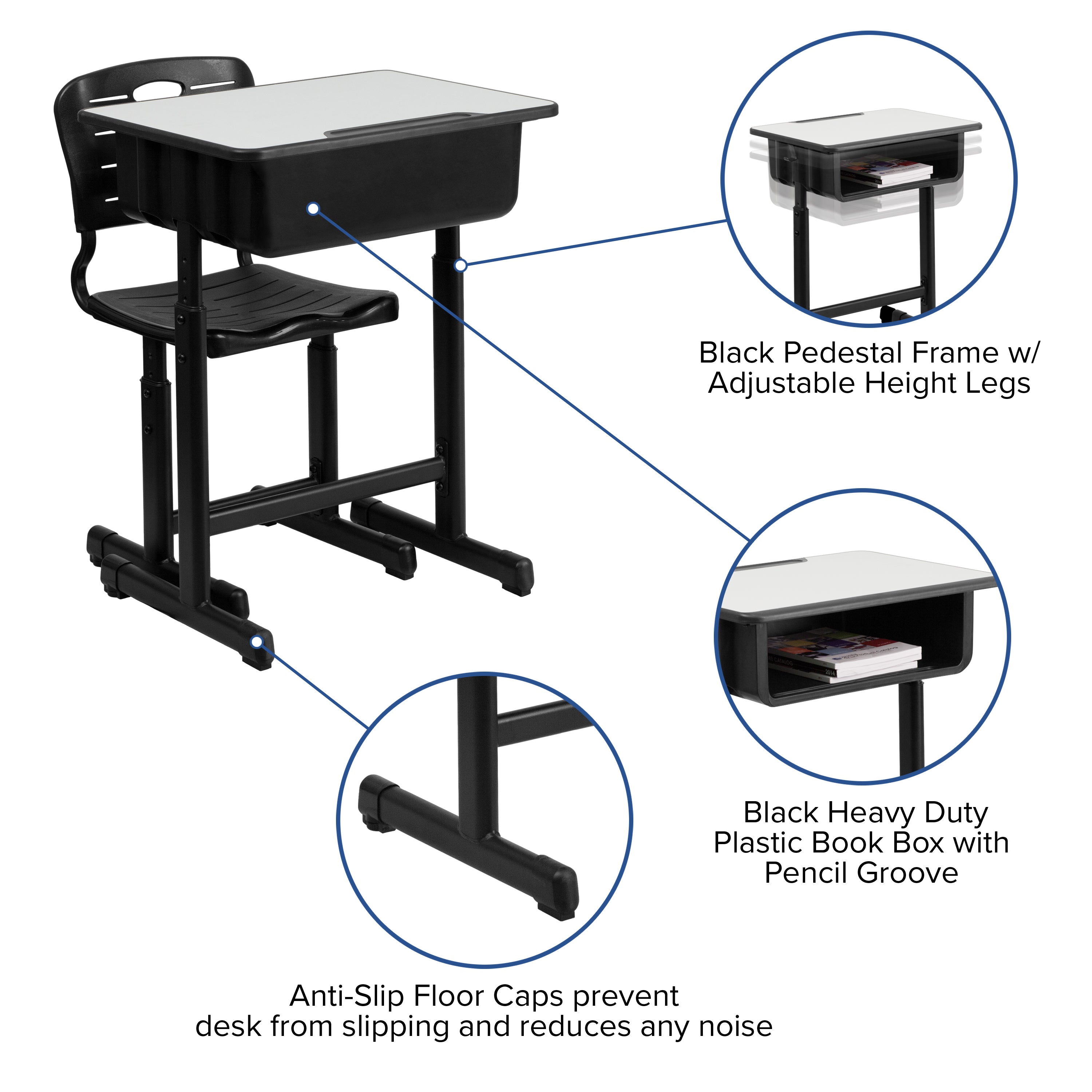 Nila Adjustable Height Student Desk and Chair with Black Pedestal Frame
