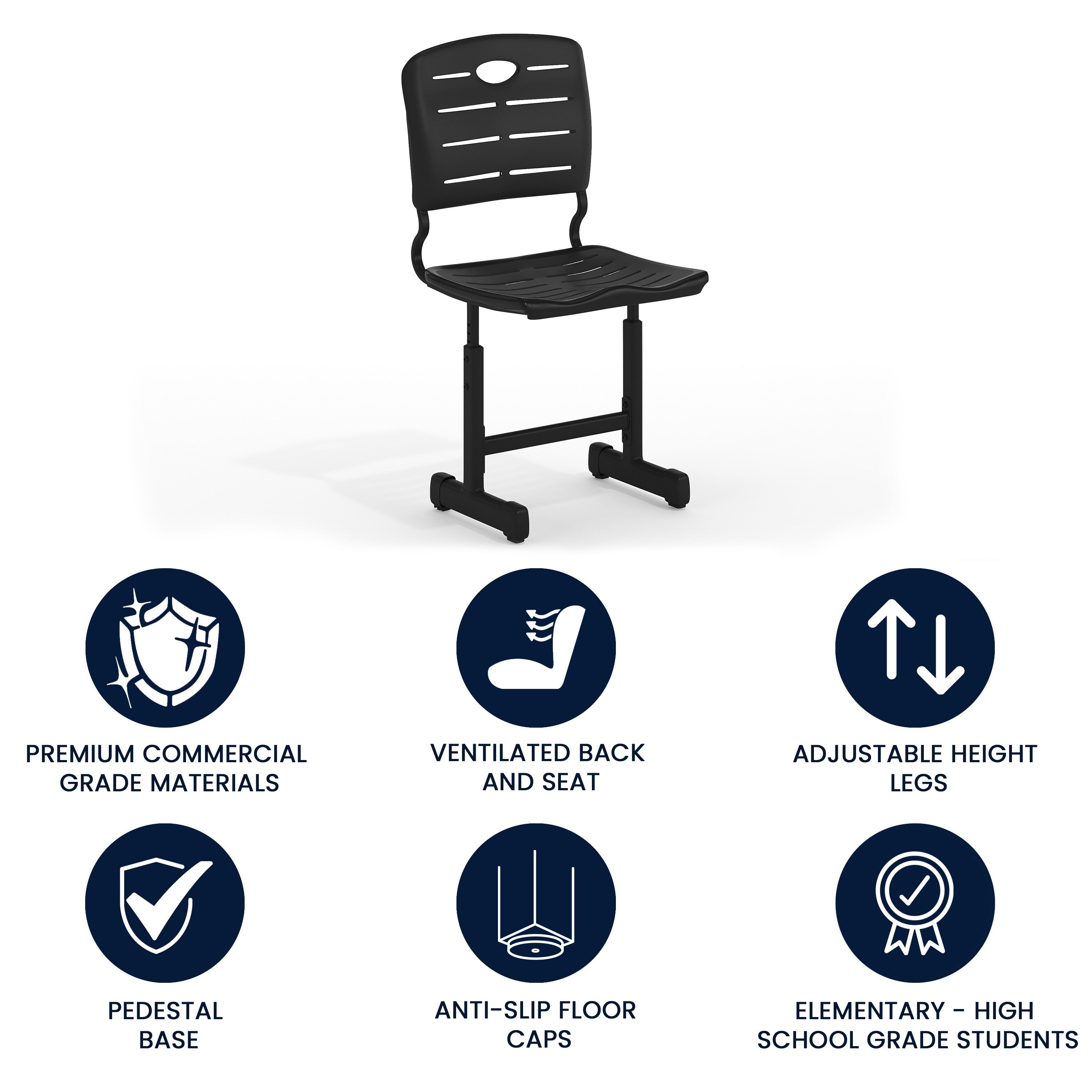 Nila Adjustable Height Black Student Chair with Black Pedestal Frame for School, Classroom, Remote Learning
