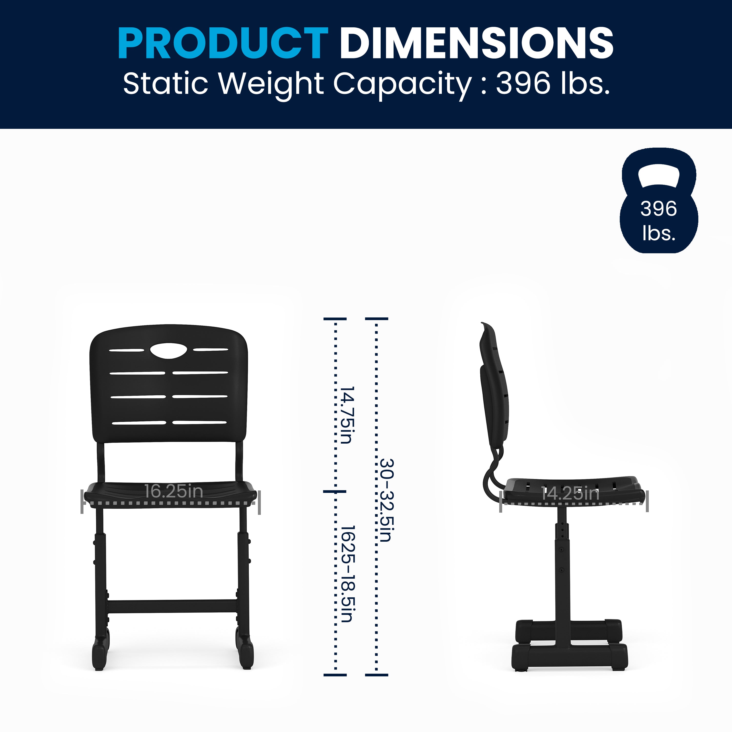 Nila Adjustable Height Black Student Chair with Black Pedestal Frame for School, Classroom, Remote Learning