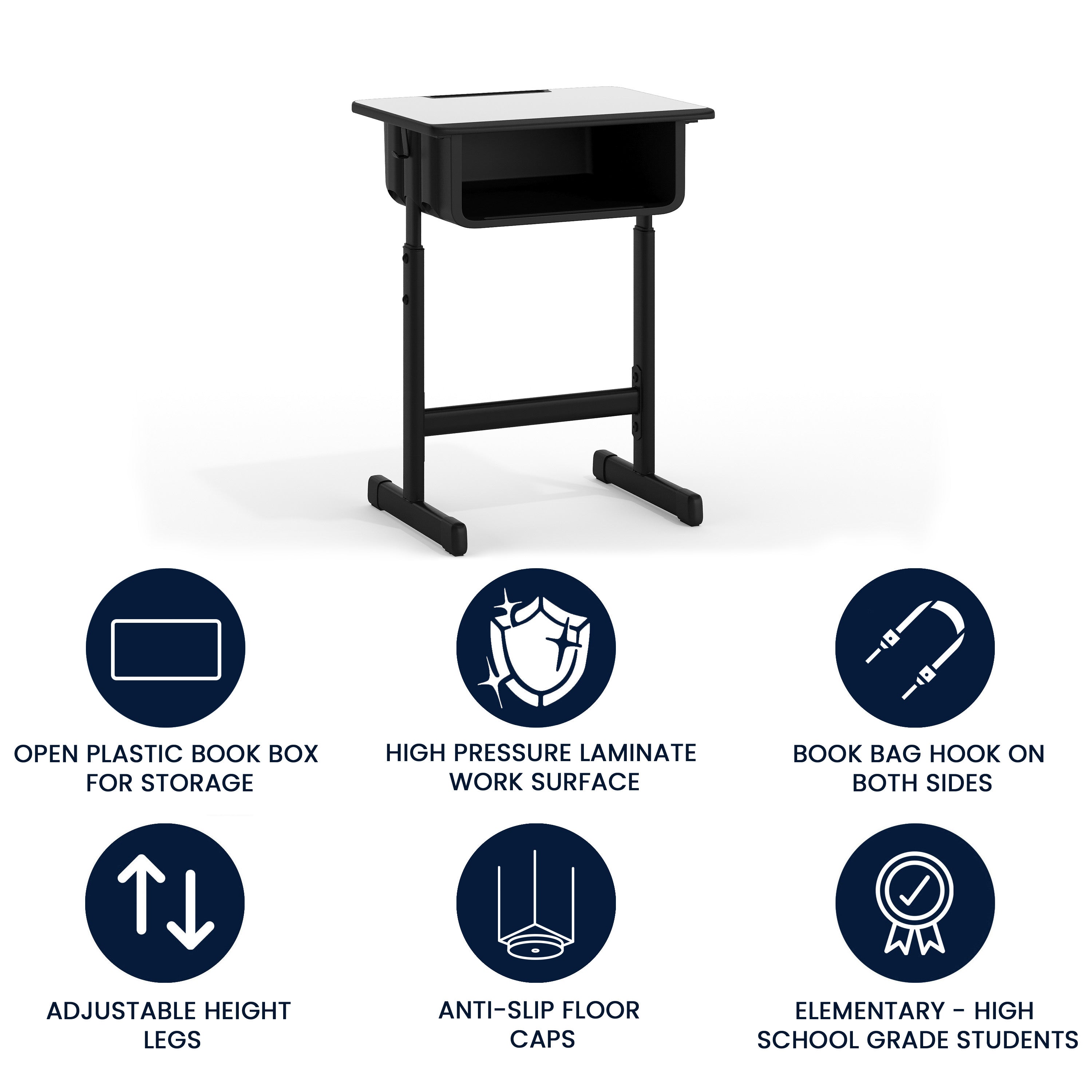 Billie Student Desk with Grey Top and Adjustable Height Black Pedestal Frame