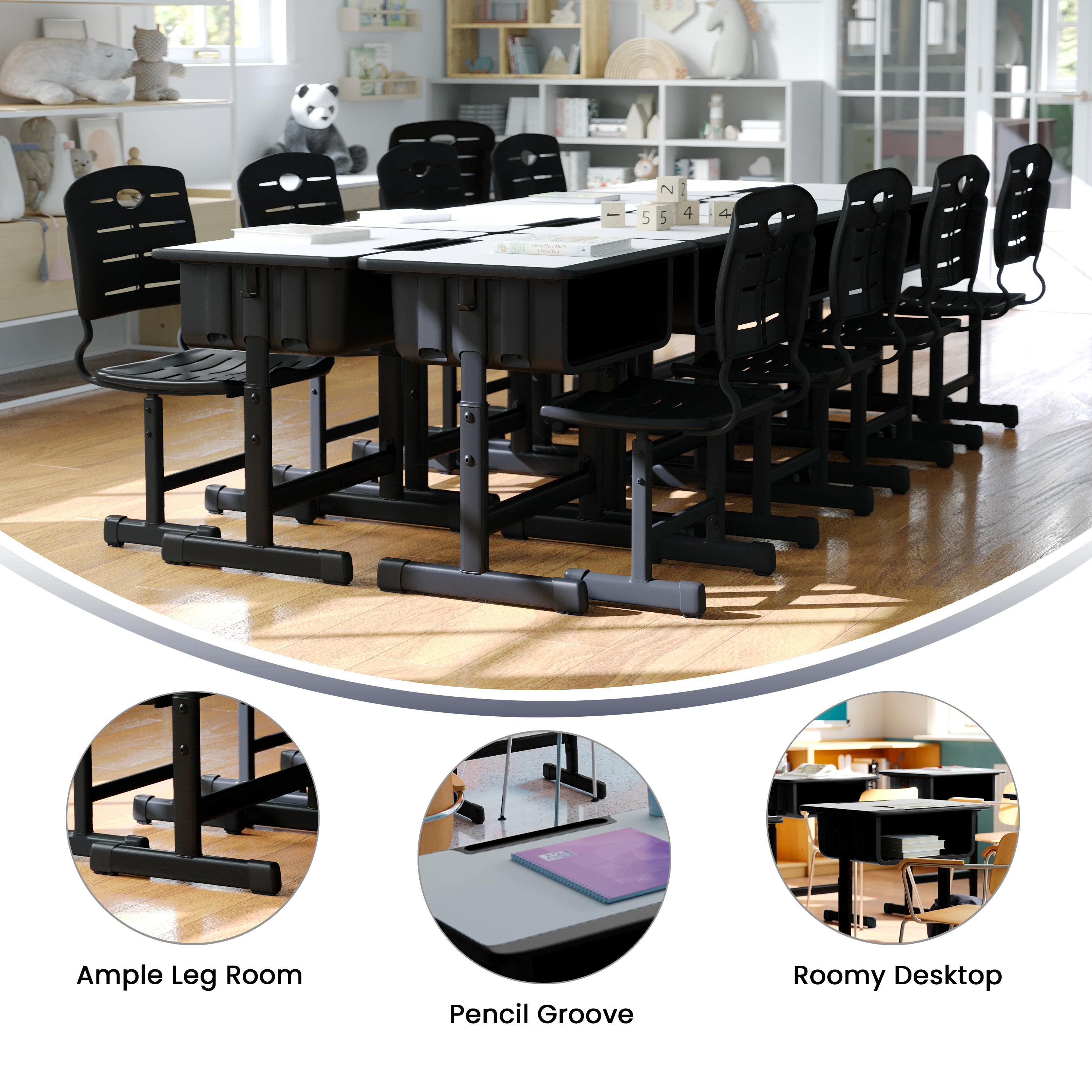 Billie Student Desk with Grey Top and Adjustable Height Black Pedestal Frame