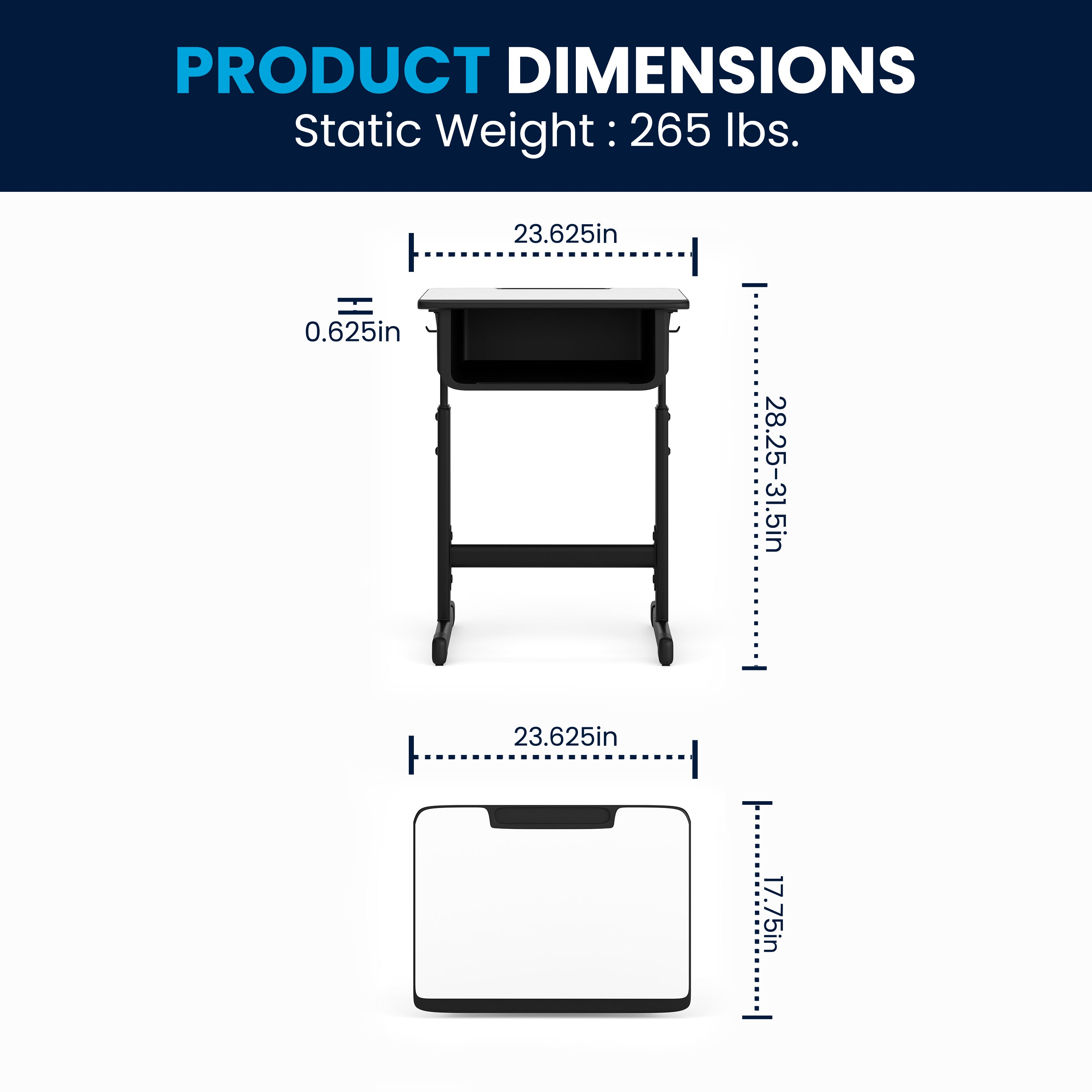 Billie Student Desk with Grey Top and Adjustable Height Black Pedestal Frame