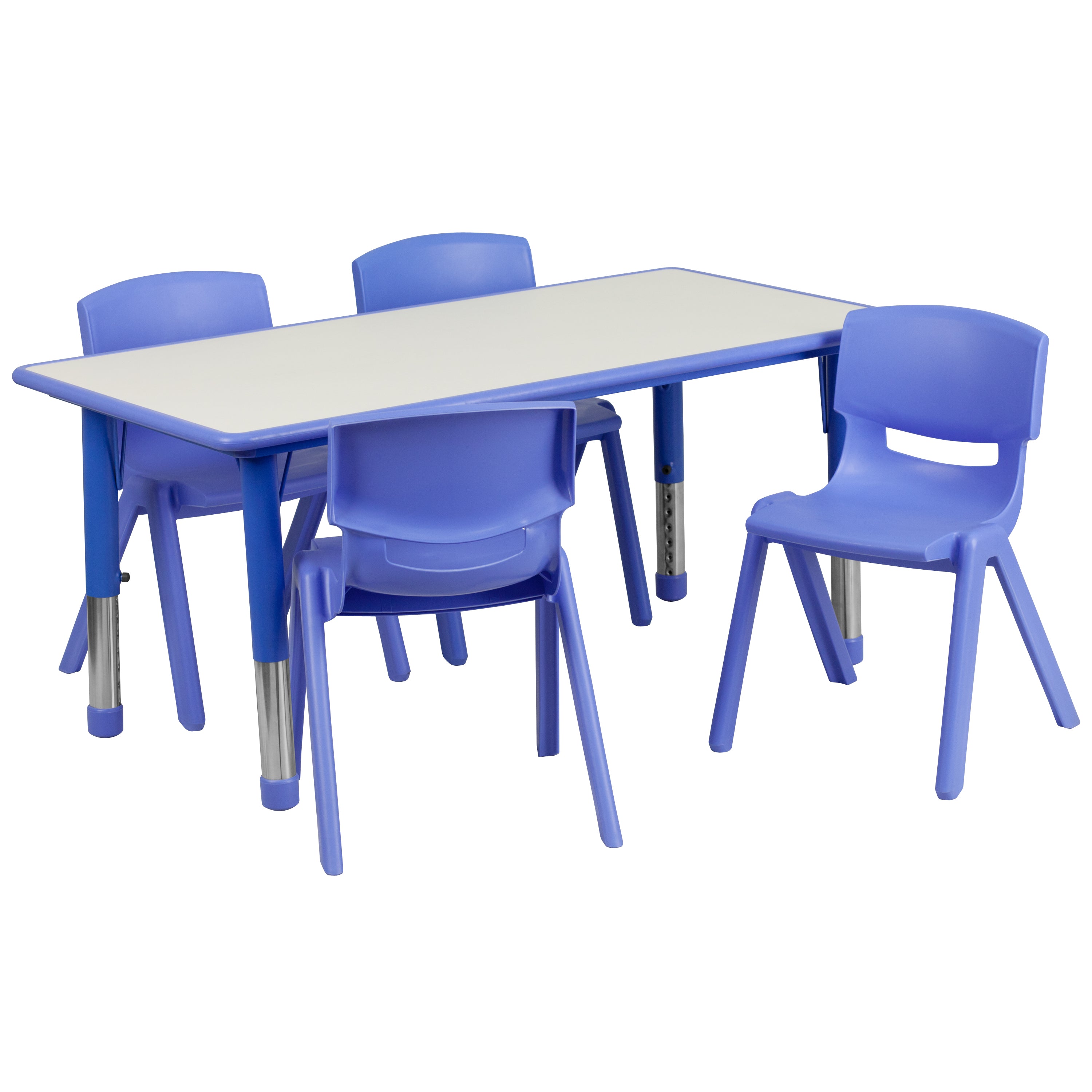 Emmy Adjustable Kids Activity Table Set – 23.6" x 47.25" Blue/Gray Plastic Table with 4 Blue Chairs – Classroom & Daycare Table for Toddlers & Kids