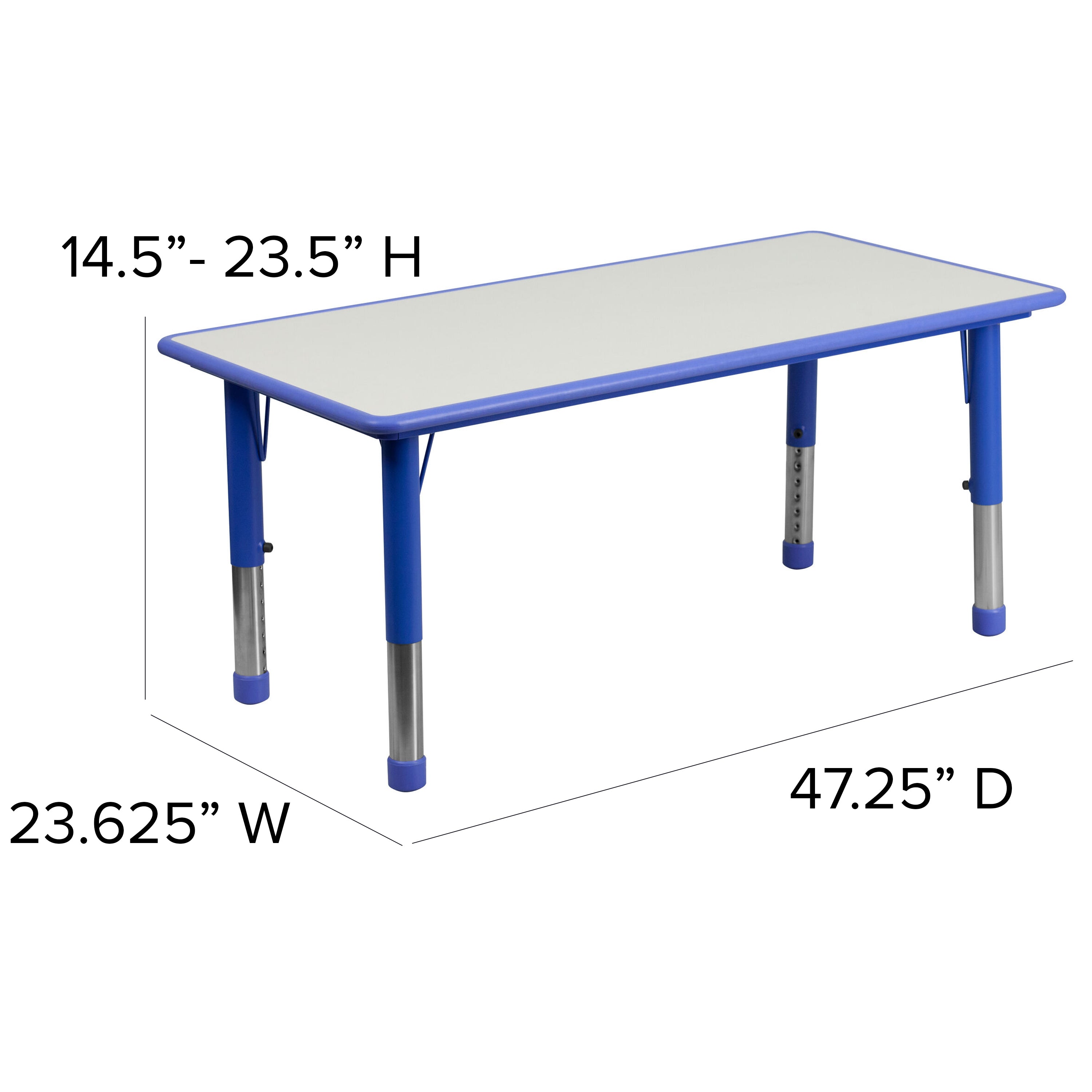Emmy Adjustable Kids Activity Table Set – 23.6" x 47.25" Blue/Gray Plastic Table with 4 Blue Chairs – Classroom & Daycare Table for Toddlers & Kids