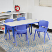 Emmy Adjustable Kids Activity Table Set – 23.6" x 47.25" Blue/Gray Plastic Table with 4 Blue Chairs – Classroom & Daycare Table for Toddlers & Kids