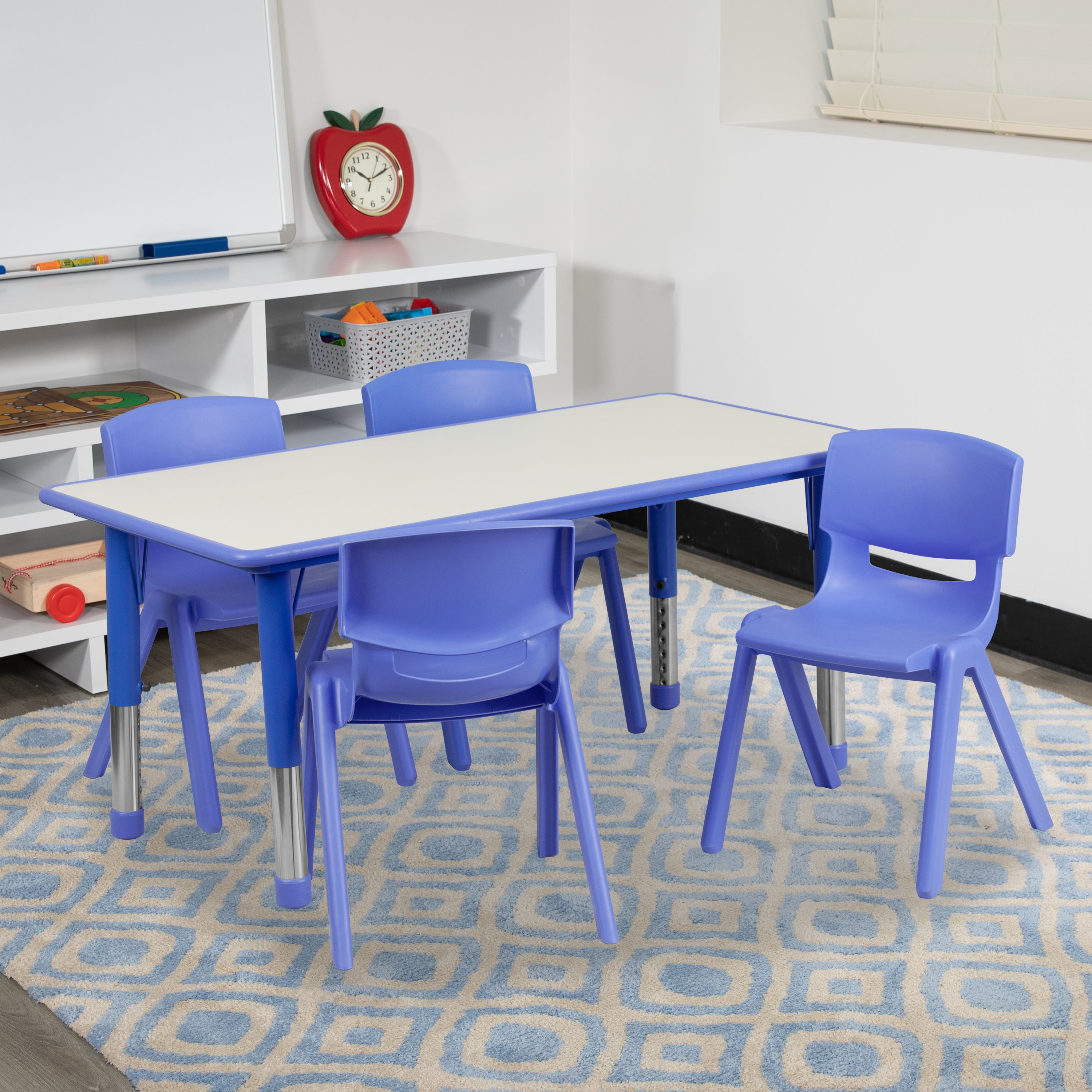 Emmy Adjustable Kids Activity Table Set – 23.6" x 47.25" Blue/Gray Plastic Table with 4 Blue Chairs – Classroom & Daycare Table for Toddlers & Kids