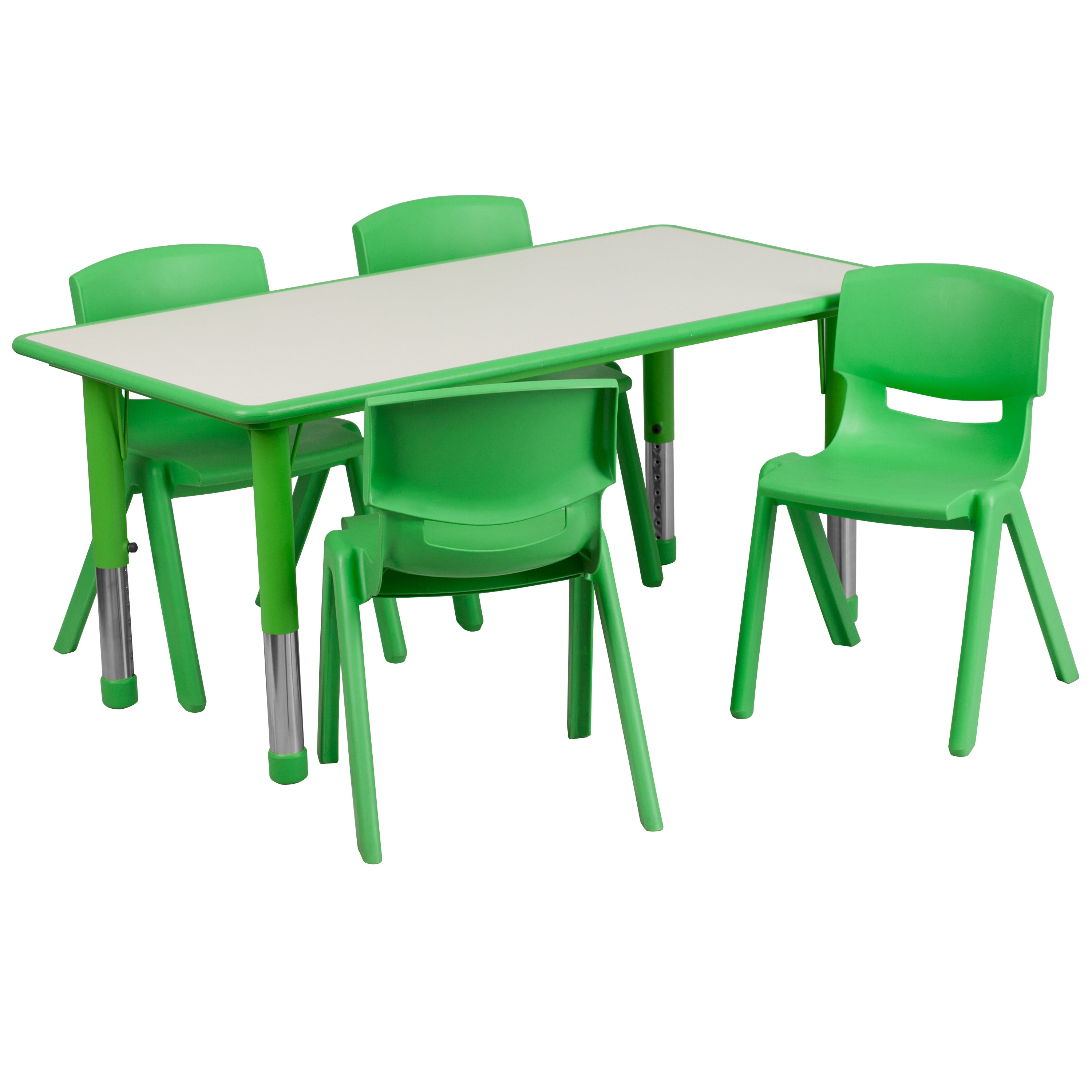 Emmy Adjustable Kids Activity Table Set – 23.6" x 47.25" Green/Gray Plastic Table with 4 Green Chairs – Classroom & Daycare Table for Toddlers & Kids
