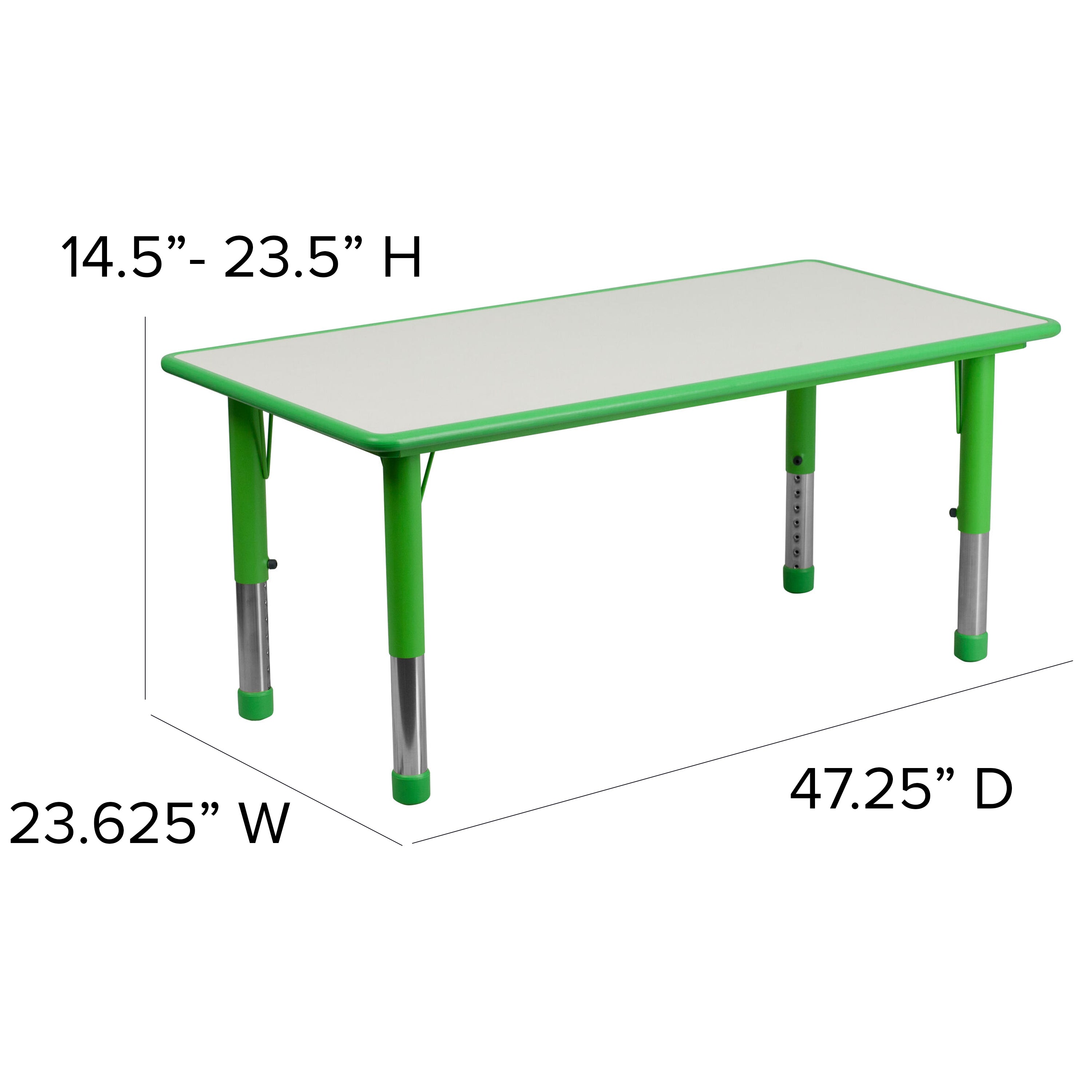 Emmy Adjustable Kids Activity Table Set – 23.6" x 47.25" Green/Gray Plastic Table with 4 Green Chairs – Classroom & Daycare Table for Toddlers & Kids