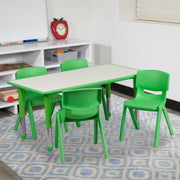 Emmy Adjustable Kids Activity Table Set – 23.6" x 47.25" Green/Gray Plastic Table with 4 Green Chairs – Classroom & Daycare Table for Toddlers & Kids