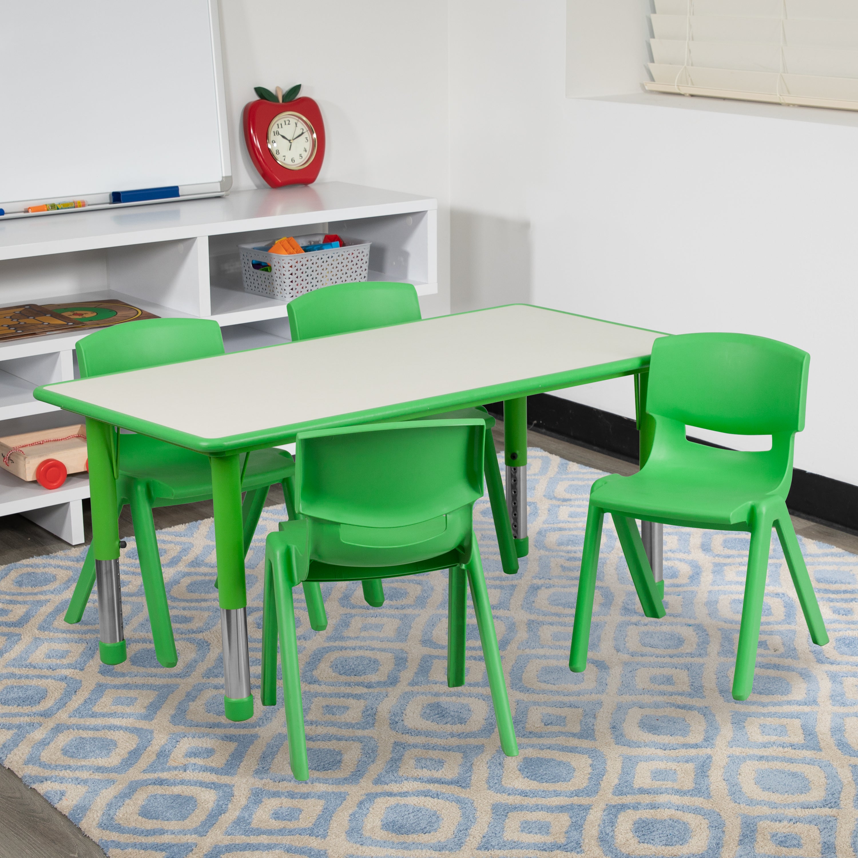 Emmy Adjustable Kids Activity Table Set – 23.6" x 47.25" Green/Gray Plastic Table with 4 Green Chairs – Classroom & Daycare Table for Toddlers & Kids