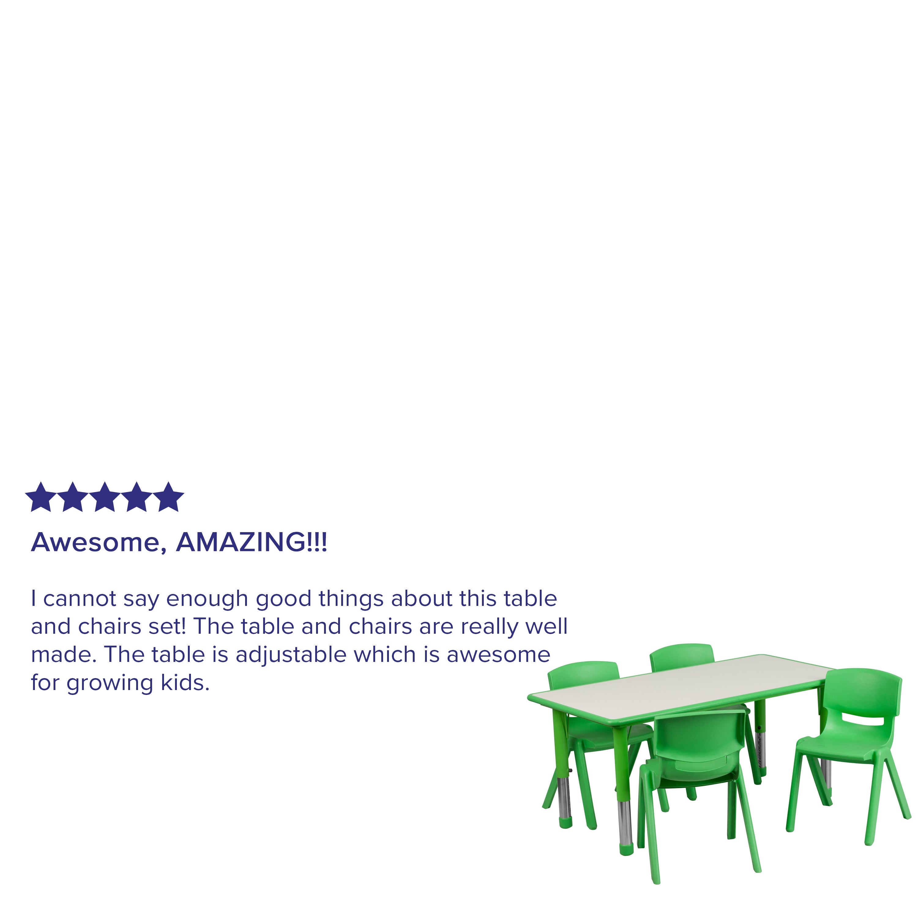Emmy Adjustable Kids Activity Table Set – 23.6" x 47.25" Green/Gray Plastic Table with 4 Green Chairs – Classroom & Daycare Table for Toddlers & Kids