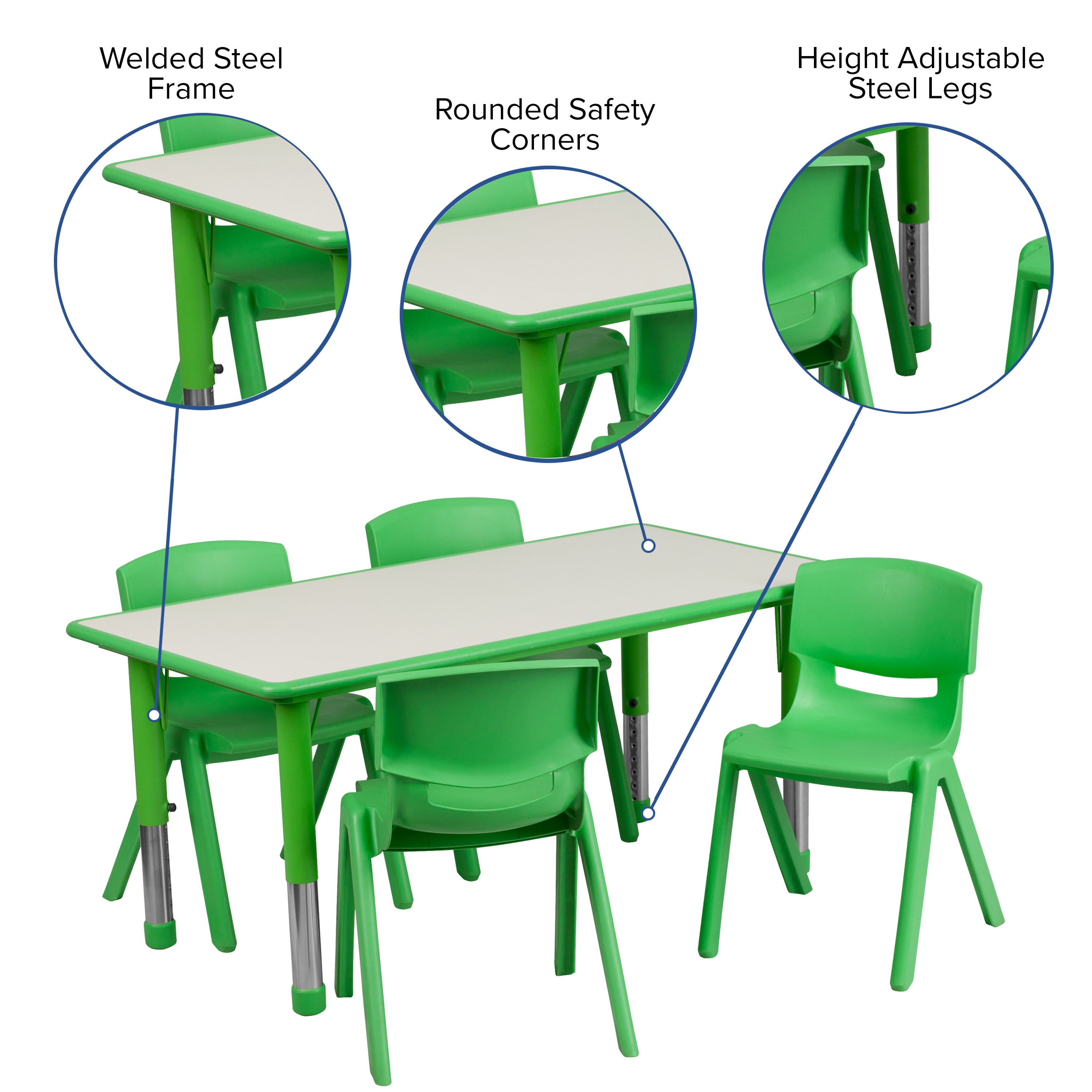 Emmy Adjustable Kids Activity Table Set – 23.6" x 47.25" Green/Gray Plastic Table with 4 Green Chairs – Classroom & Daycare Table for Toddlers & Kids