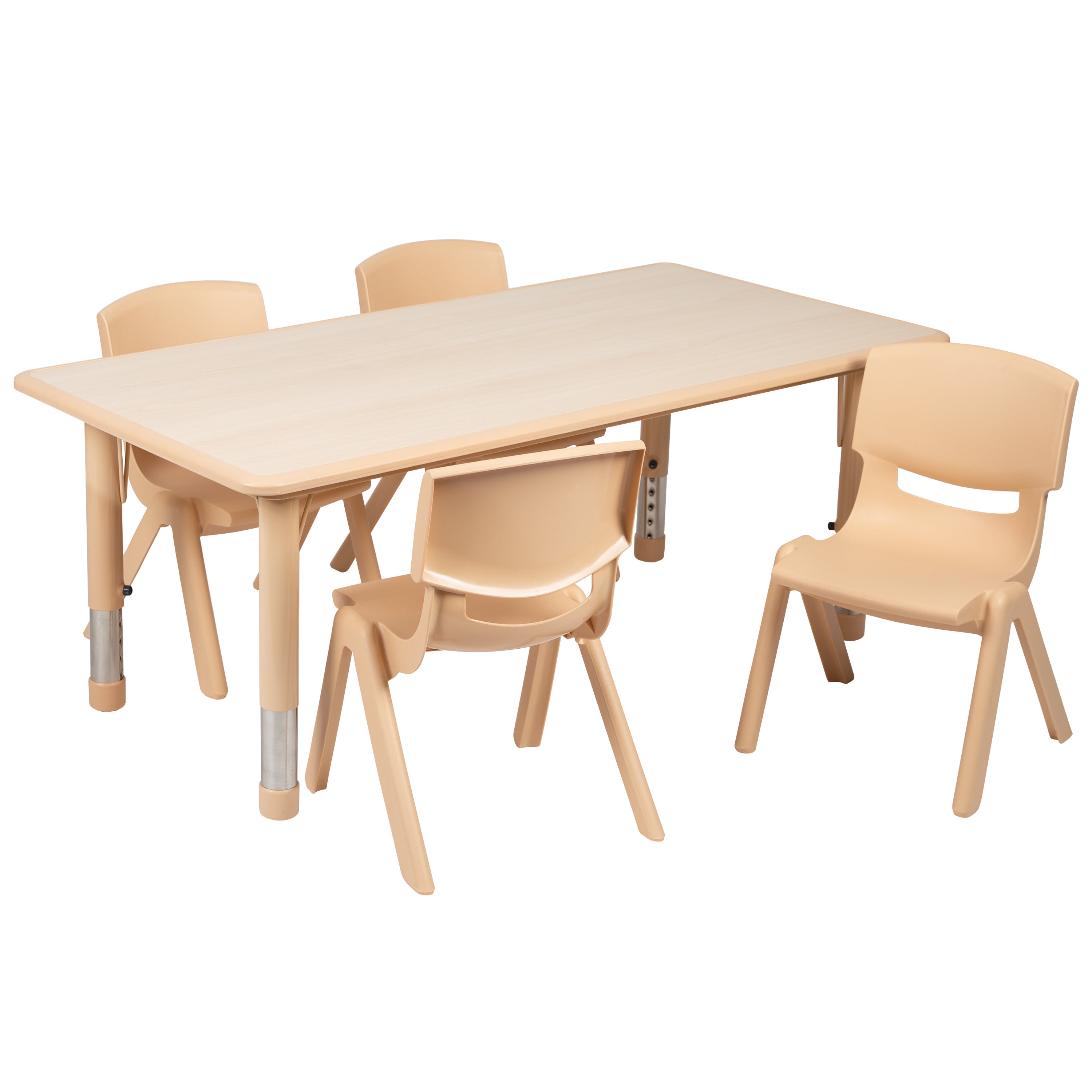 Emmy Adjustable Kids Activity Table Set – 23.6" x 47.25" Natural Plastic Table with 4 Natural Chairs – Classroom & Daycare Table for Toddlers & Kids