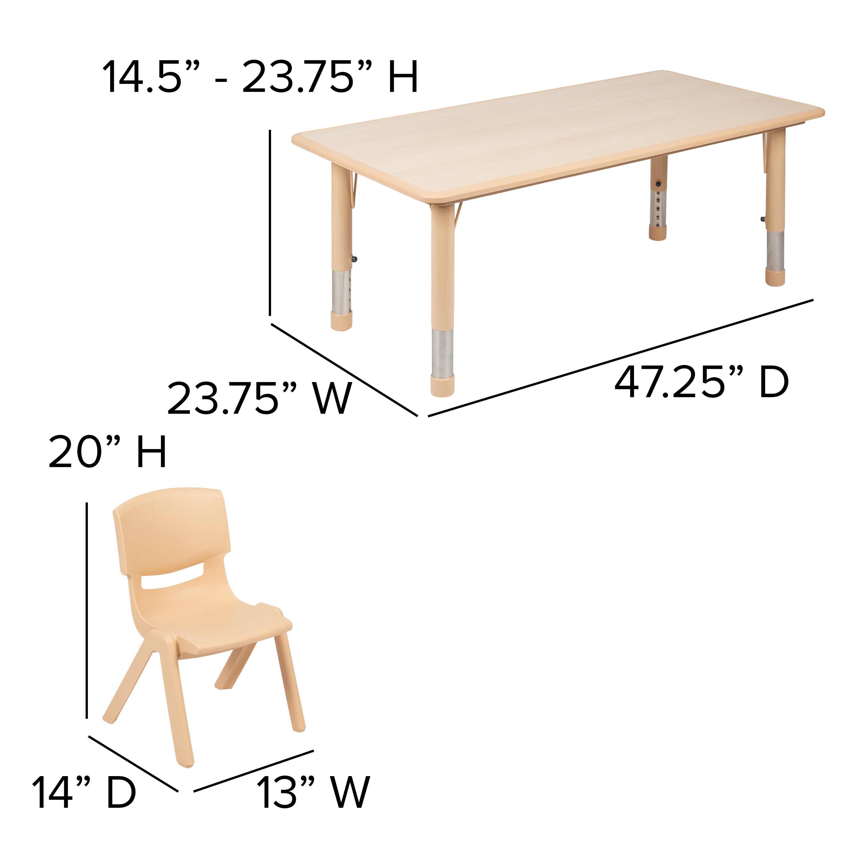 Emmy Adjustable Kids Activity Table Set – 23.6" x 47.25" Natural Plastic Table with 4 Natural Chairs – Classroom & Daycare Table for Toddlers & Kids