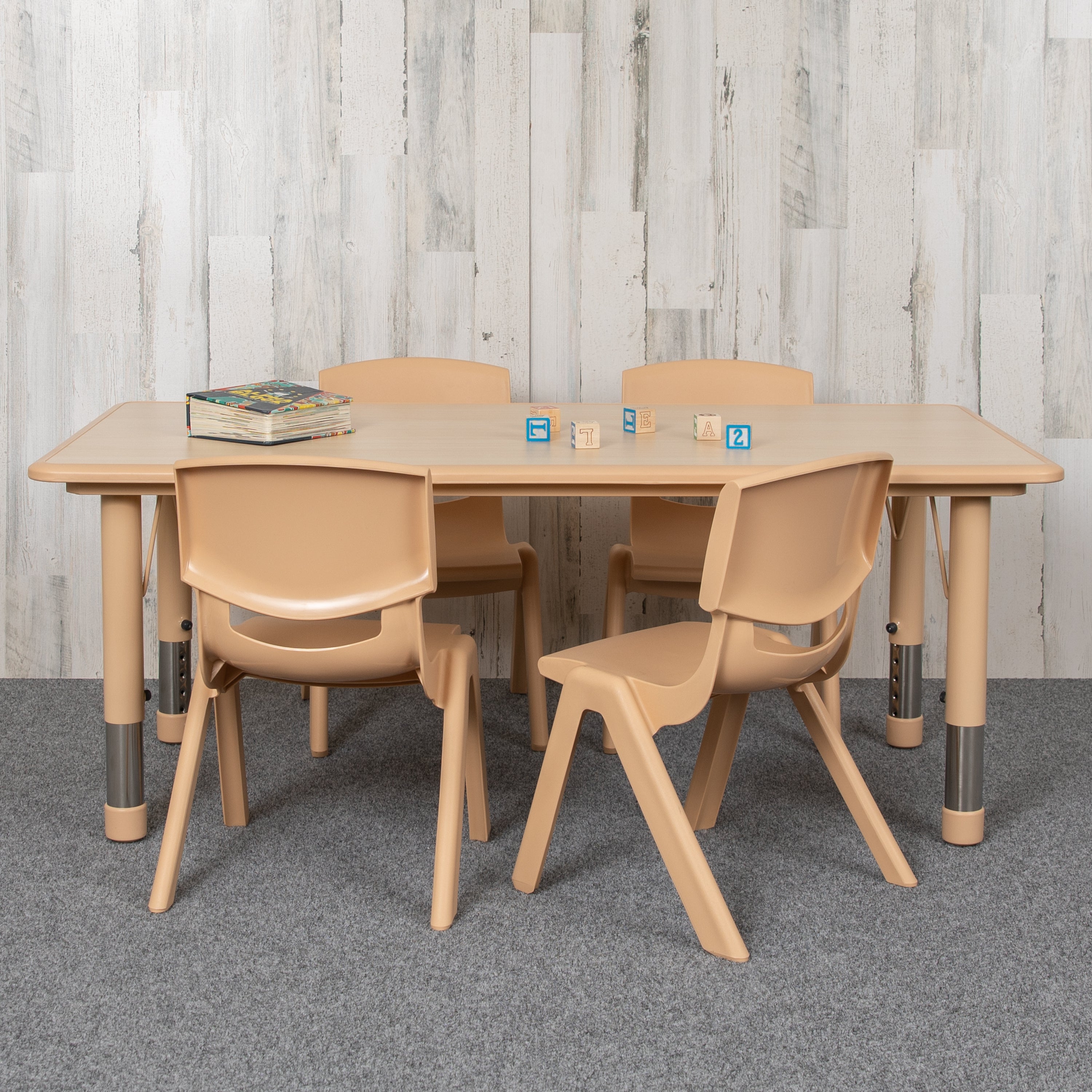 Emmy Adjustable Kids Activity Table Set – 23.6" x 47.25" Natural Plastic Table with 4 Natural Chairs – Classroom & Daycare Table for Toddlers & Kids