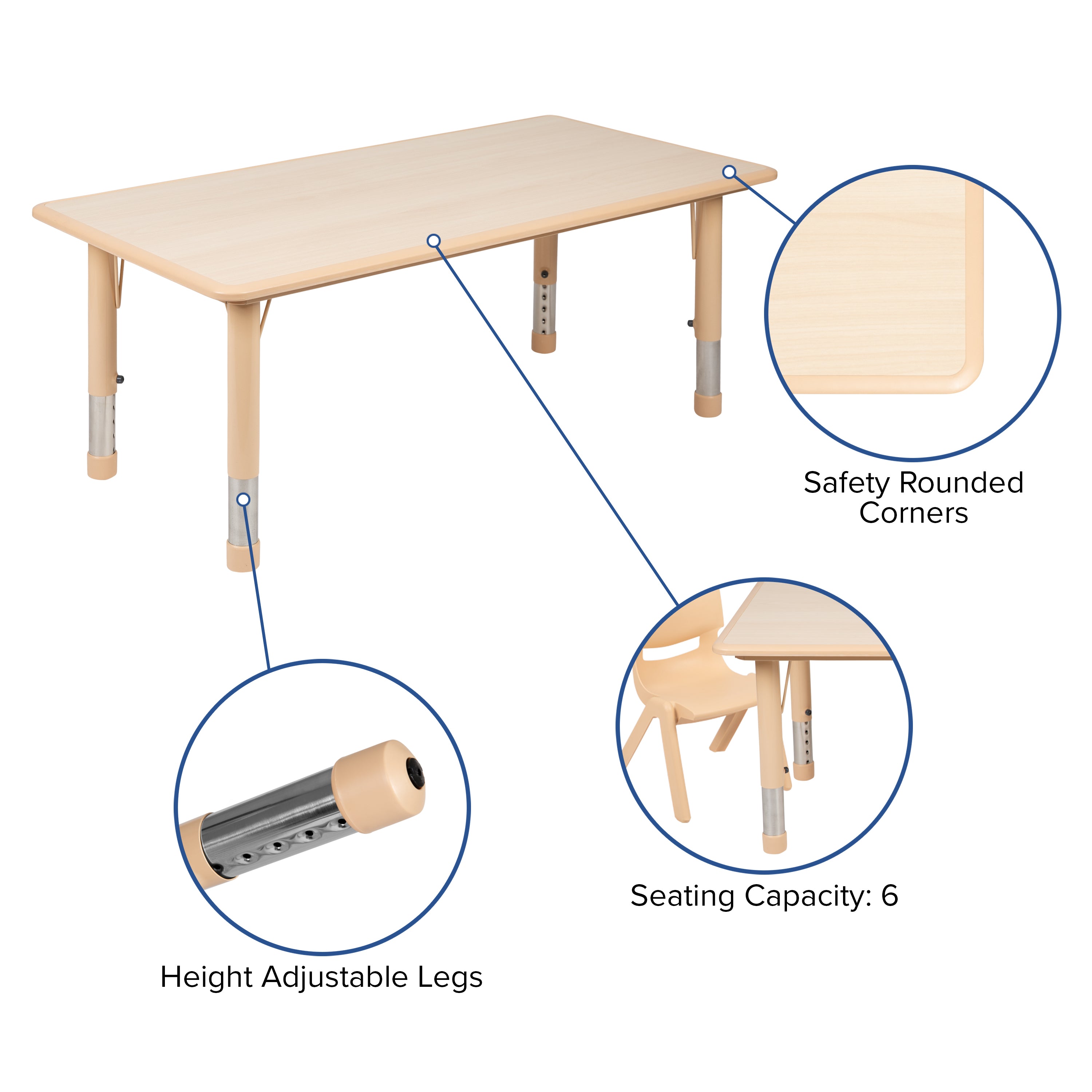 Emmy Adjustable Kids Activity Table Set – 23.6" x 47.25" Natural Plastic Table with 4 Natural Chairs – Classroom & Daycare Table for Toddlers & Kids